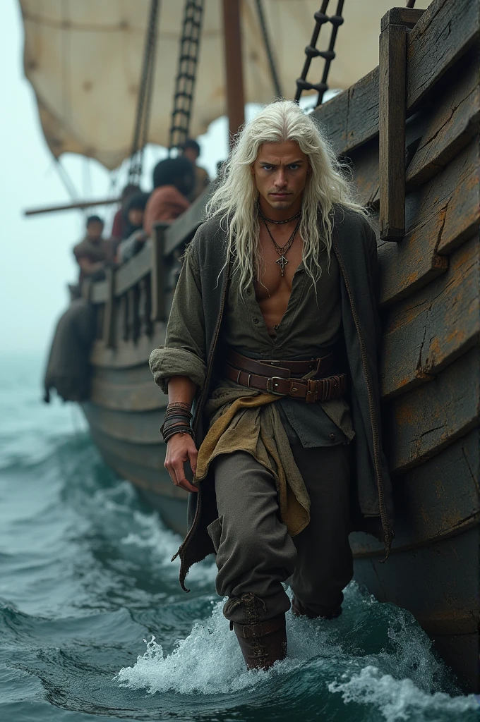((masterpiece, best quality, photorealistic image)), (((bright yellow eyes))), W3Geralt, adult man, sitting in a small medieval sailboat near the shore against the background of the Scandinavian rocky landscape, moderate sea waves, the sky is bright blue with lush clouds, he is dressed in a loose white shirt, bare arms, hair tied in a ponytail on the back of his head, a wide viewing angle