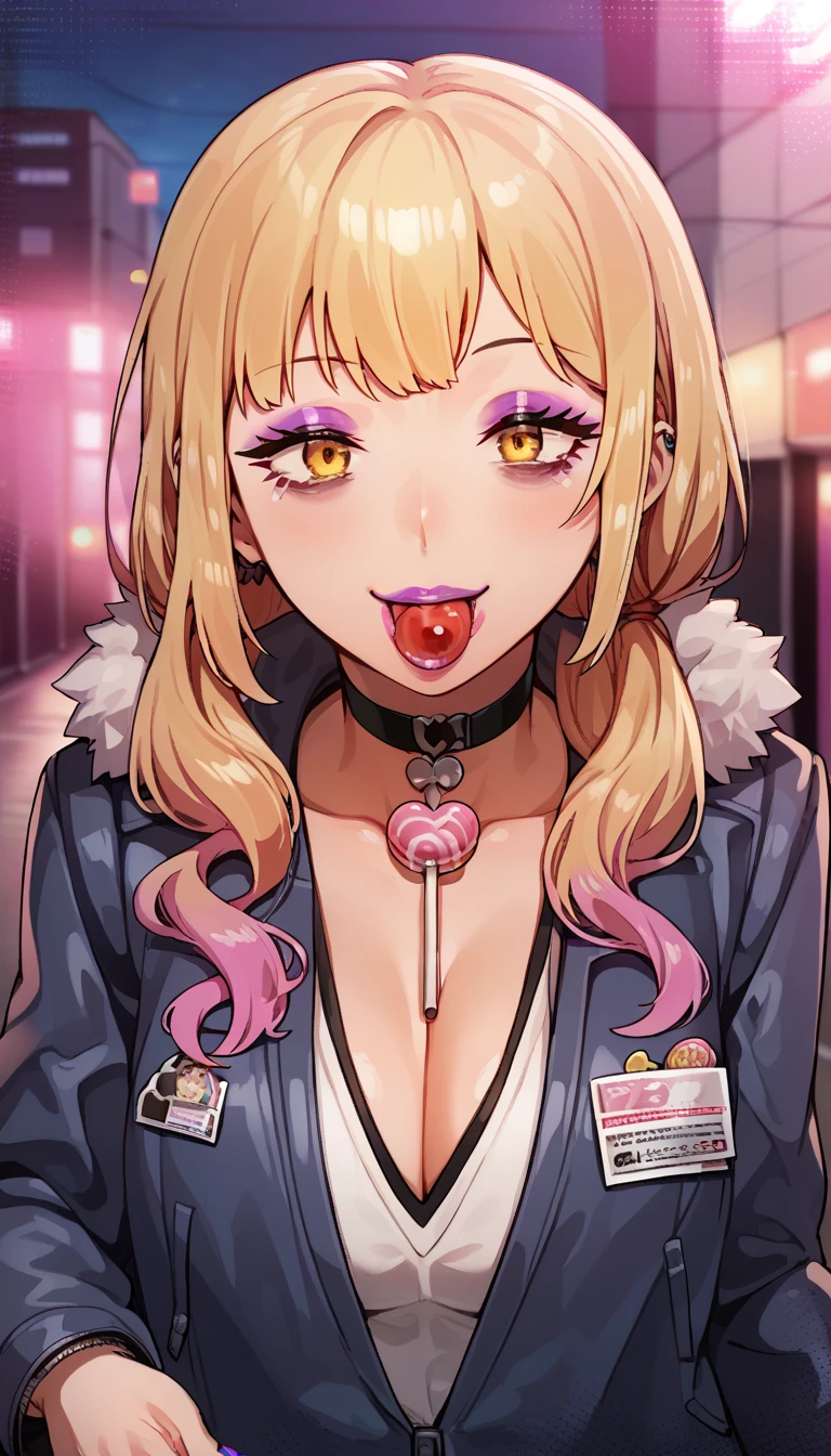 score_9, score_8_up, score_7_up, uncensored, source_anime, 1girl, solo, gyaru, looking at viewer, multicolored hair, blonde, yellow eyes, bags under eyes, amimia, makeup, purple eyeshadow, purple lips, licking lollipop, smile, shiny skin, face focus, choker, fur coat, polished nails, BREAK outdoors, tokyo \(city\), night time, blurry background, city lights, neon lights,