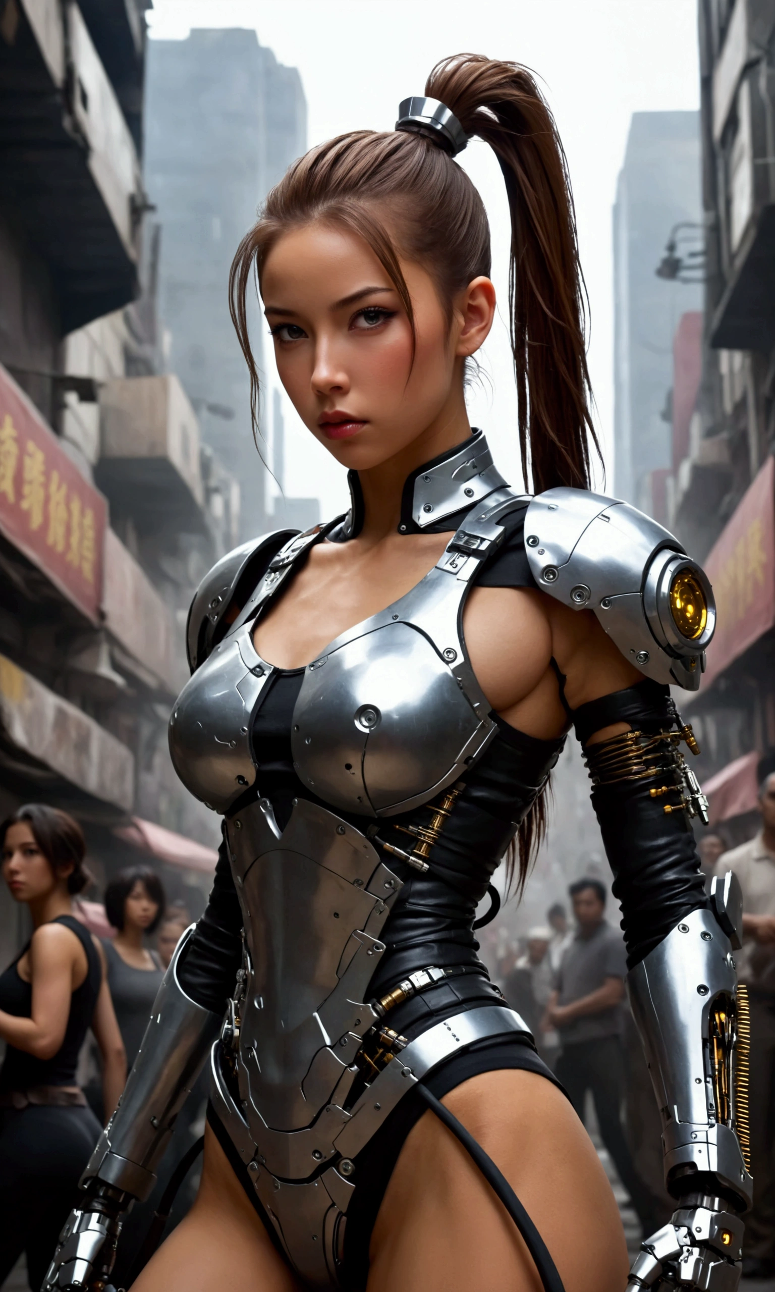 a cute woman, cybernetic warrior, (hair in ponytail, some obvious mechanical components, skin tight sexy battle outfit)she is assuming a fighting stance, sexy stern look, street fight with a mob of mutants
