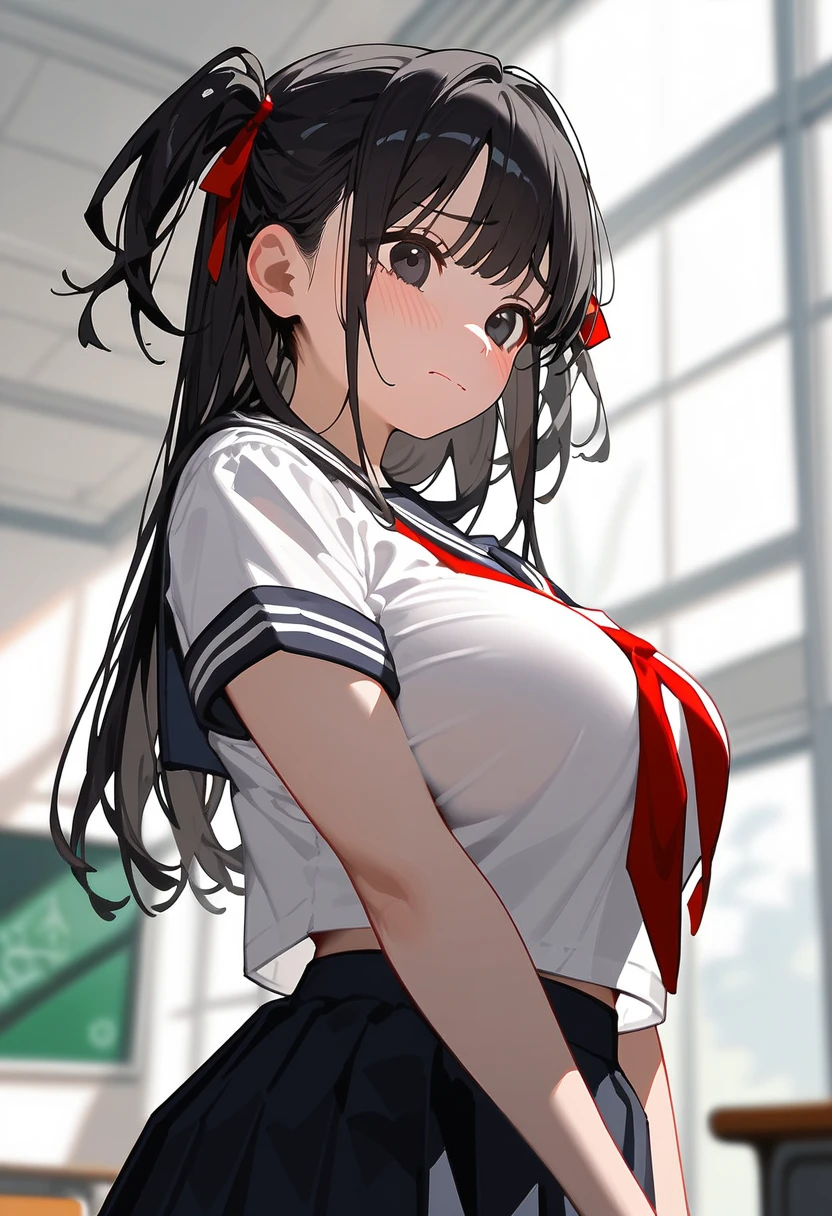 (((best quality, perfect face, masterpiece))) ((black hair, black eyes, two side up hair, red ribbon)), big breasts, (((large breasts))), (((black eyes))), (serafuku, red tie, white shirt, short sleeve), sailor uniform, in classroom, blurred background, standing, solo girl, from below, from side, nervous, blush