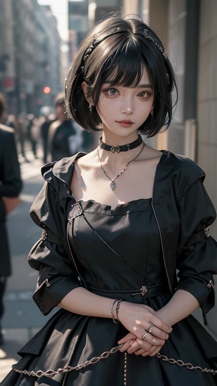 (( best quality、​masterpiece:1.3))、sharp:1.2、Perfect Body Beauty:1.4、((  has a layered hairstyle))、( black dress:1.1)、(darkroom:1.2)、  extremely detailed face and skin texture 、 detailed eyes on board、(Locks:1.3)、double eyelid、(( Short Hair))、 boyish 、nice、(( unisex))、 Big Eye、 necklace 、Bans、(( one woman))、 dark eyes、A bracelet、 earrings for a woman alone、 choker、ring、((  knight ))、 chain accessory 、Lock、