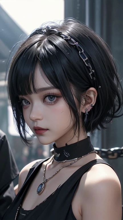 (( best quality、​masterpiece:1.3))、sharp:1.2、Perfect Body Beauty:1.4、((  has a layered hairstyle))、( black dress:1.1)、(darkroom:1.2)、  extremely detailed face and skin texture 、 detailed eyes on board、(Locks:1.3)、double eyelid、(( Short Hair))、 boyish 、nice、(( unisex))、 Big Eye、 necklace 、Bans、(( one woman))、 dark eyes、A bracelet、 earrings for a woman alone、 choker、ring、((  knight ))、 chain accessory 、Lock、