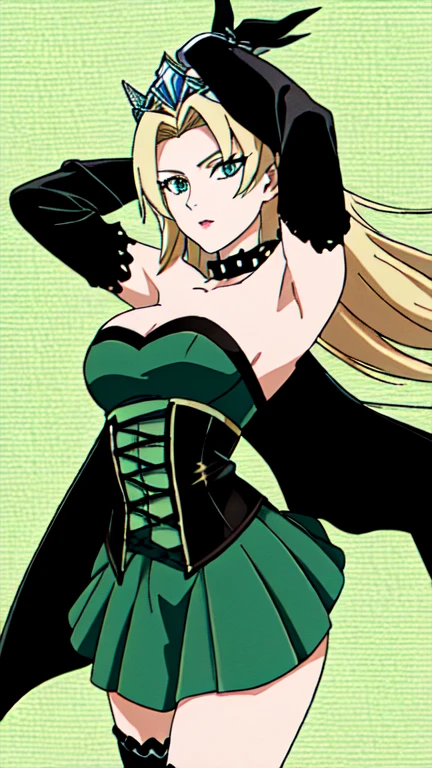 a mature woman, (30 years old), with intense blue eyes, her expression is sensible and determined. With an outfit inspired by green tones and geometric details, which give it a mystical and powerful air. She wears a spiked tiara on her head, highlighting her position of authority or royalty. Her long blonde hair falls back, complementing her slim figure.

The costume consists of a strapless green corset and a short skirt with a dark and light green color block design. Her legs are covered in long stockings decorated with green circular patterns on a dark background, adding a distinctive touch to the ensemble. She also wears long gloves in shades of green, which cover her arms up to her shoulders. The style and color palette suggest that he may be a character with magical or supernatural abilities. greek goddess, white background, best quality