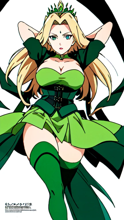 a mature woman, (30 years old), with intense blue eyes, her expression is sensible and determined. With an outfit inspired by green tones and geometric details, which give it a mystical and powerful air. She wears a spiked tiara on her head, highlighting her position of authority or royalty. Her long blonde hair falls back, complementing her slim figure.

The costume consists of a strapless green corset and a short skirt with a dark and light green color block design. Her legs are covered in long stockings decorated with green circular patterns on a dark background, adding a distinctive touch to the ensemble. She also wears long gloves in shades of green, which cover her arms up to her shoulders. The style and color palette suggest that he may be a character with magical or supernatural abilities. greek goddess, white background, best quality