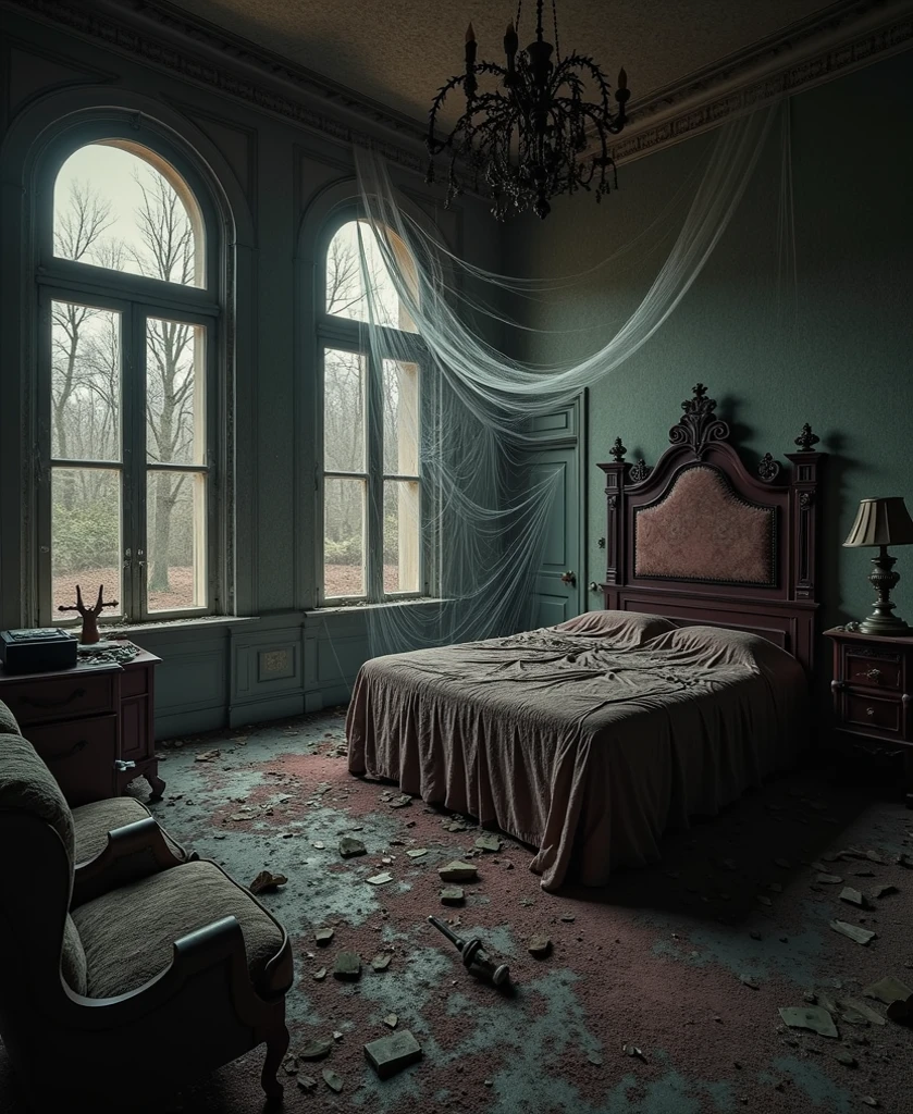 (Professional 3D rendering:1.3) of a fantasy landscape featuring a majestic (Abandoned horror Mental hospital room interior), (Old, rusty hospital bed), (Torn, stained mattress), (Peeling wallpaper), (Broken window with bars), (Dimly lit room), (Harsh, unnatural lighting), (Wide-angle camera), (Low aperture lens), (Grainy, black and white film), (Rusted metal bed frame), (Rotting wooden floorboards), (Chains on the walls), (Flickering overhead light), (Creepy atmosphere), bold dynamic colors, strong lines to capture the epic scale and drama, art, symmetrical artistic sharp art, (dan mumford style:1.1), hdr, realism, dark fantasy atmosphere, Lovecraft style, (JimJorCrafLogo art style:1.3),CGSociety,ArtStation