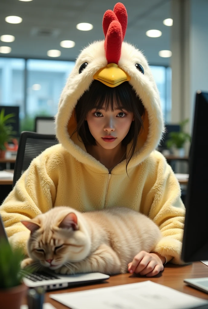 ultra-realistic, photorealistic, dramatic scene, shadow, global-illumination, solo, (teenage Japanese famous idol girl:1.5), very beautiful fragile Japanese girl, very beautiful with very cute but boyish cool face, (very large breasts), slim waist, moles, detailed face skin texture, professional lighting, (She works in a very fluffy stuffed chicken costume that looks like a stuffed animal show:1.2), her body is very fluffy like a chicken, large chicken mascot head, (very large breasts), at the large office with many desks and workers, decorative plant, sitting on the chair, Her desk with many piles of papers, stationery, A giant fat cat is sleeping on the laptop computer on her desk, she looks so confused, she is not able to understand whose cat he is, She shows her viewers a cute face with a smile, 