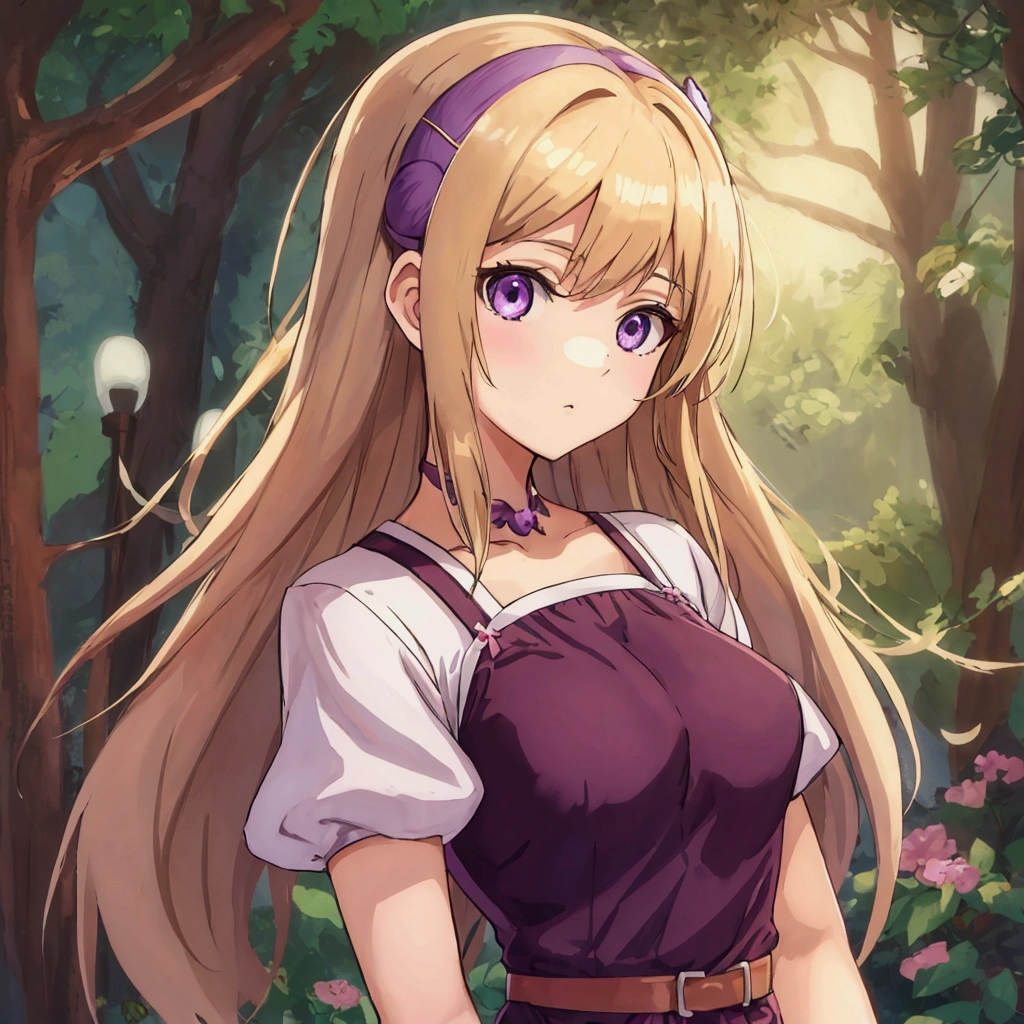 Anime girl, 19, 5' 5", brown blonde hair, delicate purple eyes, innocent.