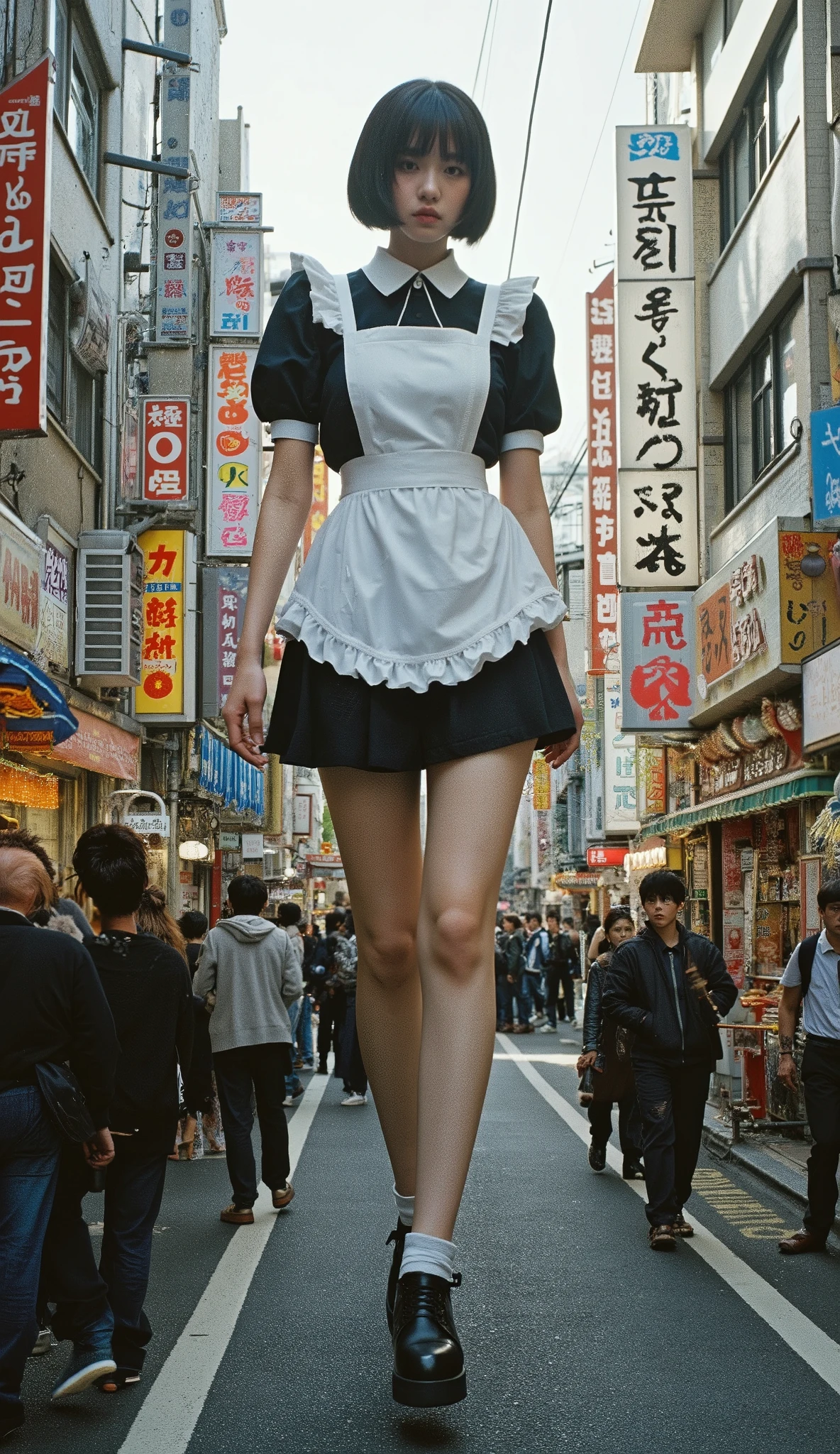 A towering 10-meter-tall woman with a perfect, curvy figure strolls through the bustling streets of Akihabara. She’s dressed in a classic maid outfit, with short-cropped hair framing her face, giving her an elegant yet striking presence among the colorful neon signs and electronic stores below. Her massive form casts long shadows over the narrow streets, and her footsteps cause small tremors that rattle the city’s pathways. Around her, normally-sized people look up in awe and amazement, craning their necks to take in her towering figure. Some pause to stare, others quickly move aside, all captivated by the surreal sight of her colossal form towering over the familiar streetscapes of Akihabara. Her footsteps echo throughout the electric district, blending the vibrant, modern energy of Tokyo with an extraordinary, larger-than-life spectacle above.