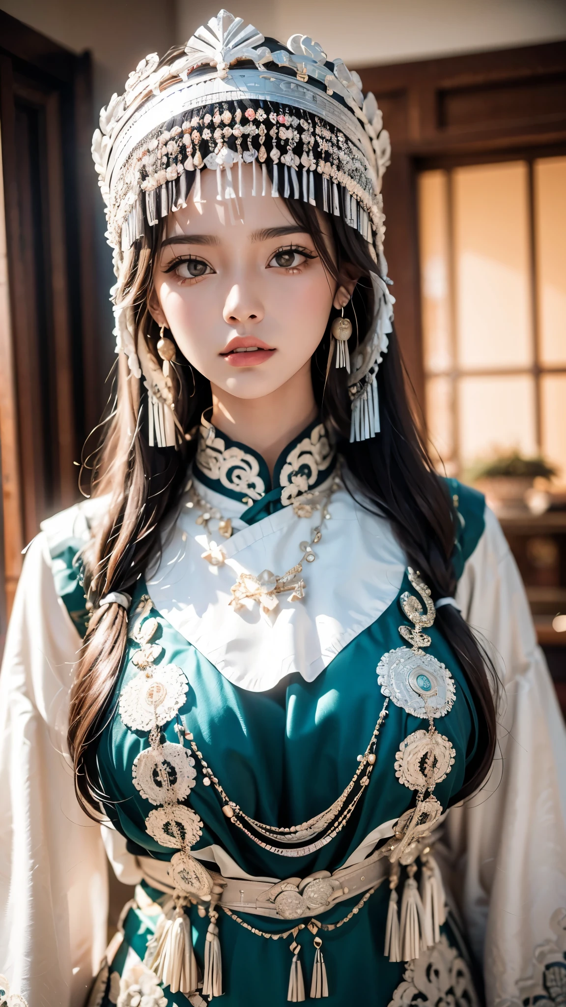 ( Good structure),High dynamic range, Ultra HD,8K, 1 girl at home, Chinese Yi costume , silver metal headdress ,  brown eyes , earrings, have, Jewelry,Yi ethnic metal Jewelry,A huge metal have, headdress metal tassel ,Silver metal have, Lace, Lace trim, Lips, Long hair,  looks at the audience, parted Lips,  alone ,  upper body