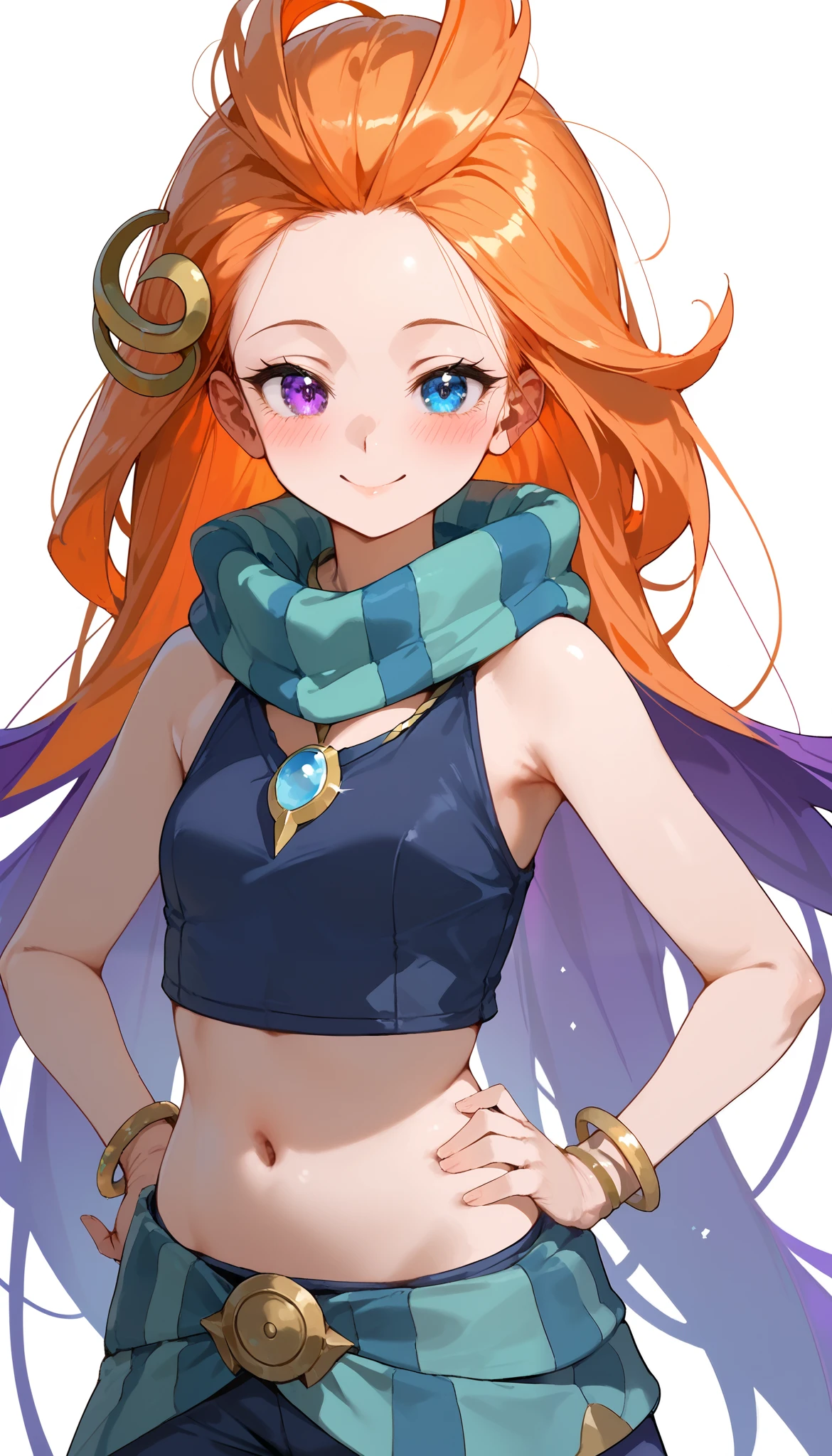 Masterpiece, best quality, Anime, 1girl, ZoeLoLXL, mature, purple eyes, blue eye, heterochromia, orange hair, multicolored hair, gradient hair, purple hair, very long hair, hair ornament, forehead, small breasts, green scarf, striped scarf, bare shoulders, blue midriff, necklace, bracelet, navel, blue shorts, green belt, upper body, hand on hip, smile, blush, cute, looking at viewer, white background, simple background, score_9, score_8_up, score_7_up, unaestheticXL_bp5,