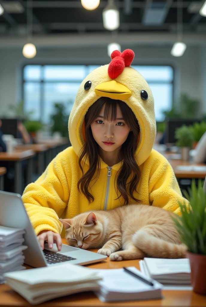 ultra-realistic, photorealistic, dramatic scene, shadow, global-illumination, solo, (teenage Japanese famous idol girl:1.5), very beautiful fragile Japanese girl, very beautiful with very cute but boyish cool face, (very large breasts), slim waist, moles, detailed face skin texture, professional lighting, (She works in a very fluffy stuffed chicken costume that looks like a stuffed animal show:1.2), her body is very fluffy like a chicken, large chicken mascot head, (very large breasts), at the large office with many desks and workers, decorative plant, sitting on the chair, Her desk with many piles of papers, stationery, A giant fat cat is sleeping on the laptop computer on her desk, she looks so confused, she is not able to understand whose cat he is, She shows her viewers a cute face with a smile, 