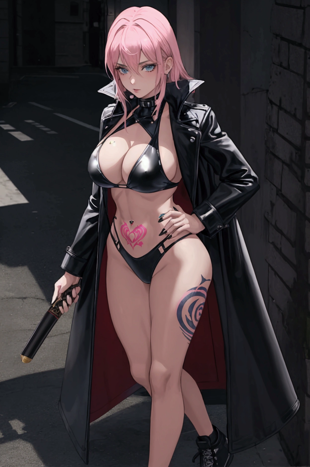 (Obra maestra:1.3),(muy detallado:1.3),(high resolution:1.1),Mejor calidad,ultra-detalle,1 chica,solo,jelobaiken,pechos enormes,Amputado,amputee,one arm,un brazo,parche en el ojo,eye patch,tuerto,chaqueta negra,kimono negro,ropa abierta,ropa japonesa,faja,pechos, breasts, huge breats, pink hair, pelo rosa, bikini, micro_bikini