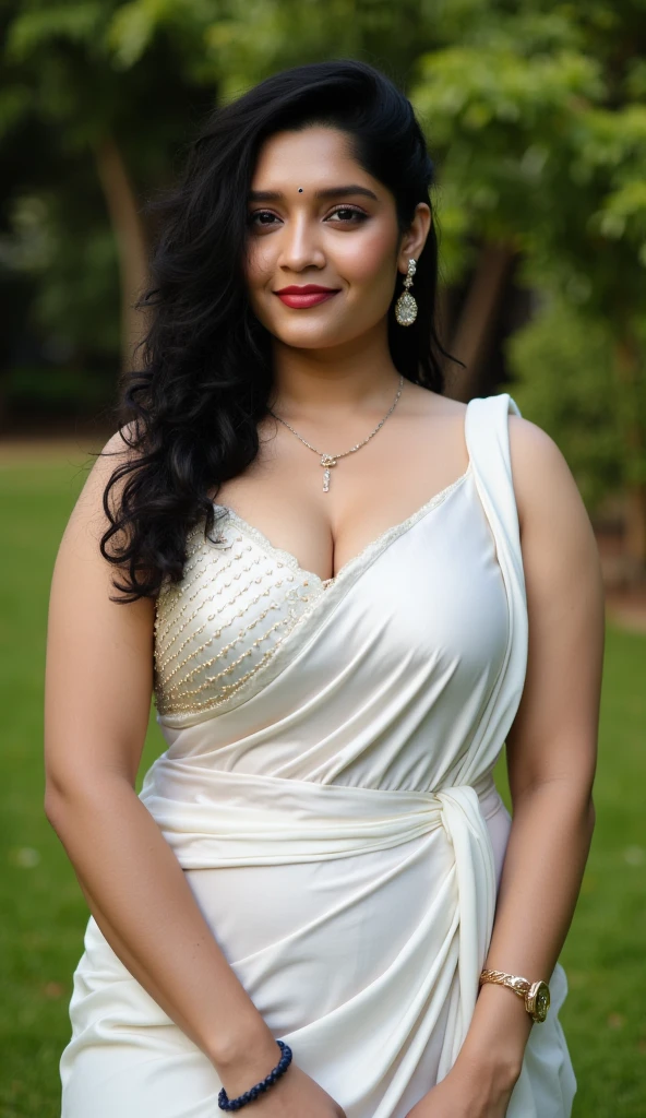 Portrait of a seductive dusky Indian woman with long flowing hair, hazel eyes, with flowing capes, c-cup breast, standing in the park, wearing White silk saree, with focus on breast, perfect composition, hyperrealistic, super detailed, 8k, high quality, trending art, trending on artstation, sharp focus, studio photo, intricate details, highly detailed, art by greg rutkowski, looking at the Camera, lusty look, brown skinned, navel visible, natural makeup, dramatic ligting, red lips, Dusky brown skinned woman, detailed skin texture, seductive look, chubby boddy, Clevage visible, low angle shot, straight looking