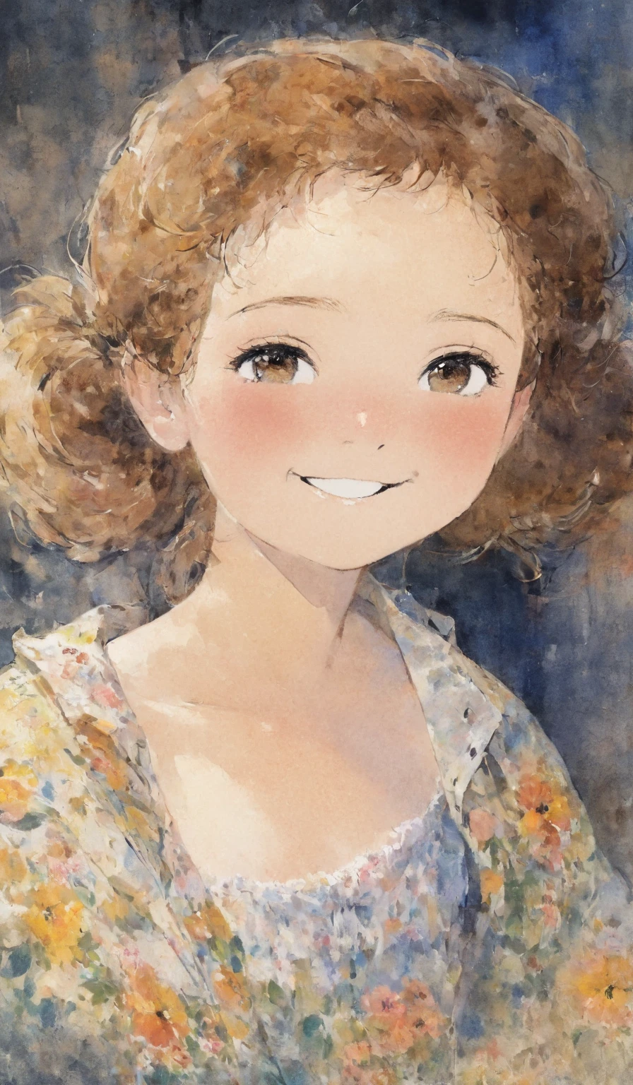 1 girl, , laughter, half open eyes, brown eyes, portrait, forehead, black curly short hair, low twintails hair, indoor, 1980s floral retro shirt, open shirt, topless, small tits, midnight, dark living room, shy, looking away, Pierre Auguste Renoir: Impressionism style, william Turner: Watercolor painting style