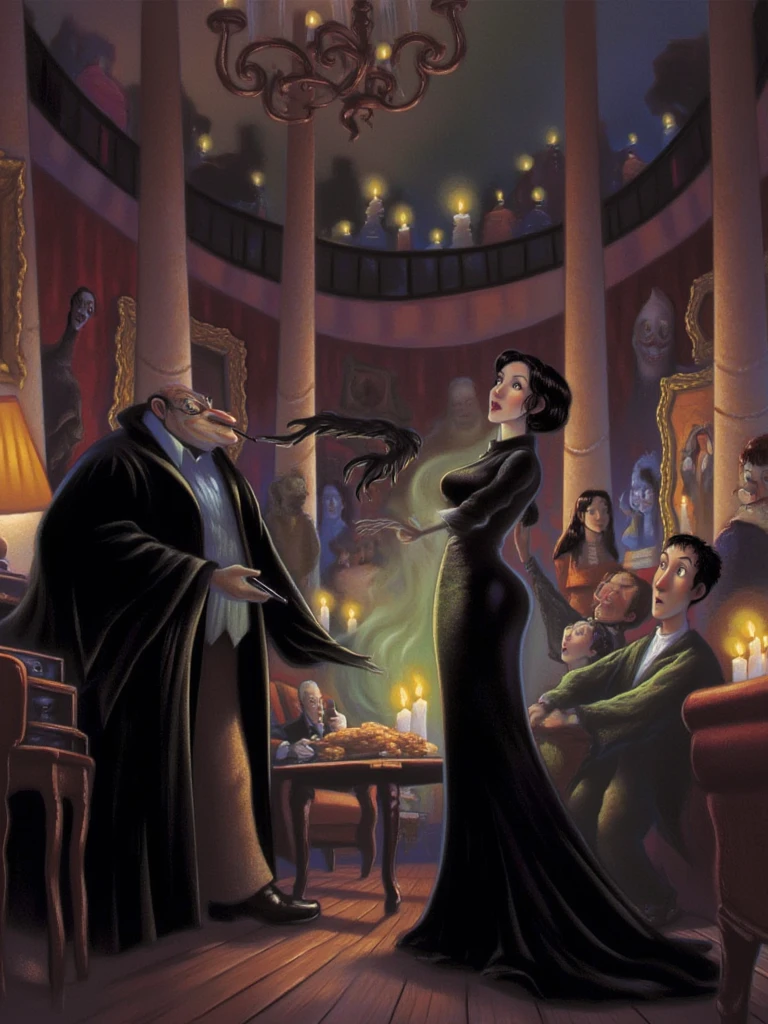 mrygp, The entire Addams Family is gathered in their eerie, candle-lit living room, each character in their unique pose. Gomez grins mischievously with his cigar, while Morticia stands elegantly beside him, her long black dress trailing. Wednesday stares blankly, holding her doll, and Pugsley looks on with curiosity. The dark, gothic decor of the room, along with eerie lighting, creates a mix of humor and horror that defines their peculiar family dynamic.