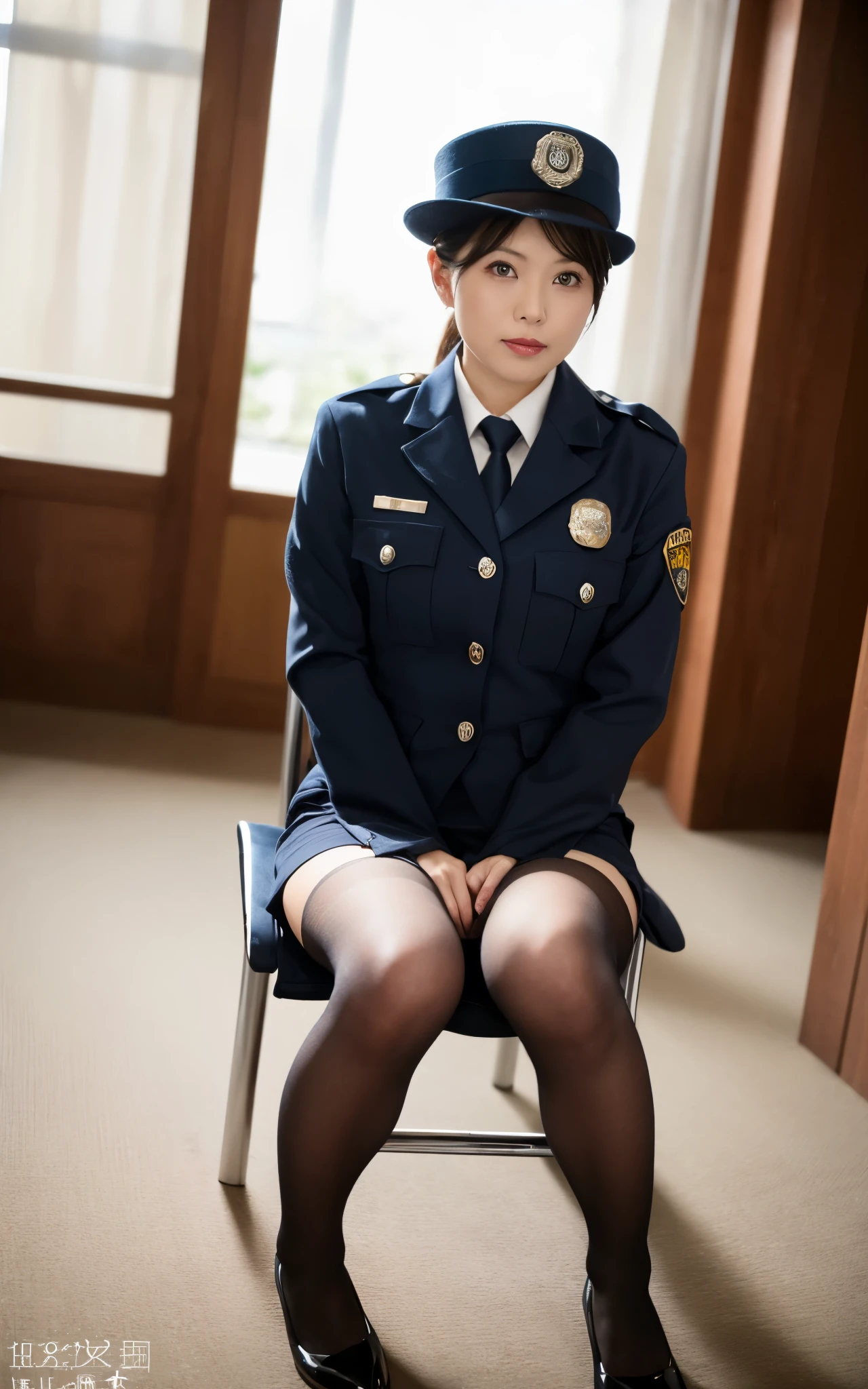 police hat、white blouse、police uniform、beautiful policewoman、black bob hair、((whole body))、(((photo taken from below)))、city