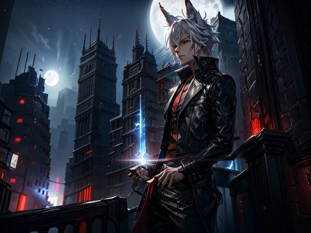 male, white hair, fox ears, blue eyes, black leather jacket with red lining, black shirt, red tie, black vest. A detailed eye. City at night background. full moon.