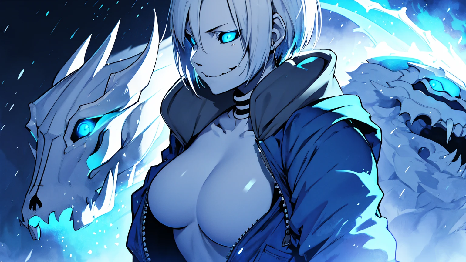 Toby Fox Undertale Sans Blue Jacket Bikini,Fire eyes skull smile white short hair glowing sexy keel cannon one standing on the beach Super big breasts breast enlargement full-body shot looking at the camera illustration, ultra-detailed, HDR, vibrant colors, soft lighting