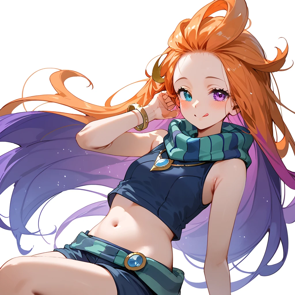 Masterpiece, best quality, Anime, 1girl, ZoeLoLXL, mature, purple eyes, blue eye, heterochromia, orange hair, multicolored hair, gradient hair, purple hair, very long hair, hair ornament, forehead, small breasts, green scarf, striped scarf, bare shoulders, blue midriff, necklace, bracelet, navel, blue shorts, green belt, smile, blush, cute, tongue out, leaning, looking at viewer, white background, simple background, score_9, score_8_up, score_7_up, unaestheticXL_bp5,