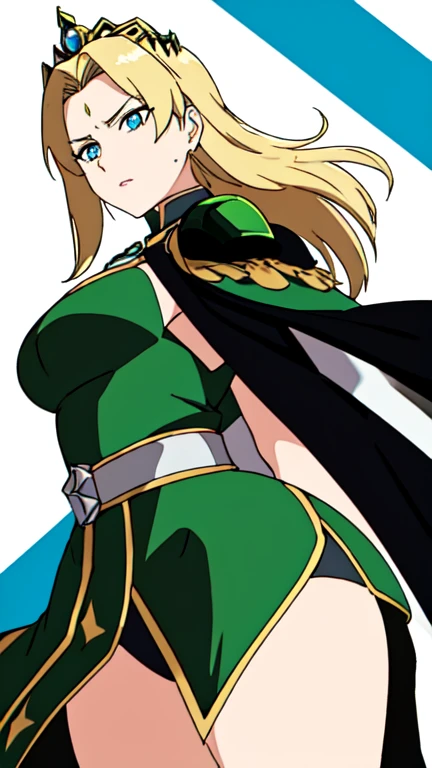 a mature woman, (30 years old), with intense blue eyes. Her expression is determined, sensible and determined. With an outfit inspired by green tones and geometric details, which give it a mystical and powerful air. She wears a spiked tiara on her head, highlighting her position of authority or royalty. Her long blonde hair falls back, complementing her athletic figure.

She is dressed in green and black armor that covers much of her body, with details in geometric and pointed patterns that give her an intimidating and authoritarian air. He wears a long cape that flutters back, suggesting movement and adding dynamism to the scene. can be a character with magical or supernatural abilities. warrior goddess, white background, best quality