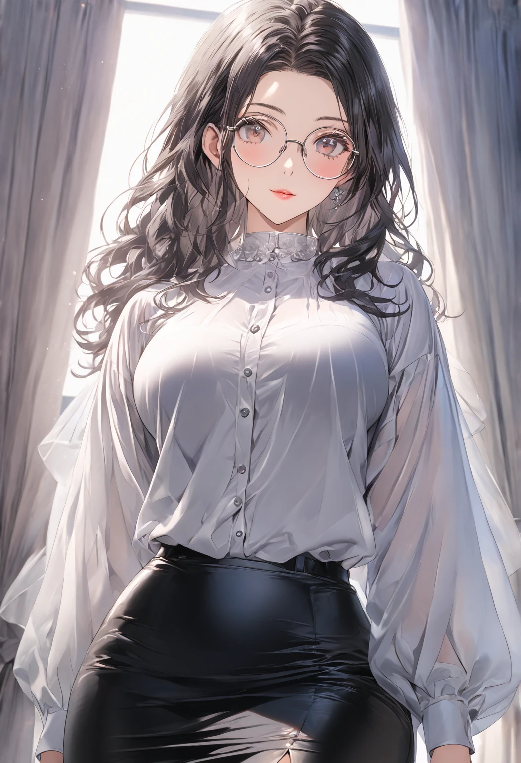 ((highest quality)), ((masterpiece)), (detailed), (front view), (one girl), sexy, shiny skin, glossy skin, height 168cm, bust 120cm, medium size breast, hourglass body, housewife, black hair parted bangs, A mother with warm eyes, Wearing round glasses, Looking at viewer with gentle eyes, wearing a sophisticated, professional high school teacher outfit in a Japanese school setting. She wears a high-neck, tailored blouse in soft white or pastel, made from a flowing, breathable fabric. The blouse has long, billowy sleeves that taper gently at the wrists, adding a touch of elegance without being overly formal. Paired with a sleek, knee-length pencil skirt in dark gray or navy, which fits her perfectly and gives a flattering silhouette. She wears soft, sheer black tights and simple, closed-toe heels that add height without sacrificing comfort. The fabric is slightly translucent in the sunlight.