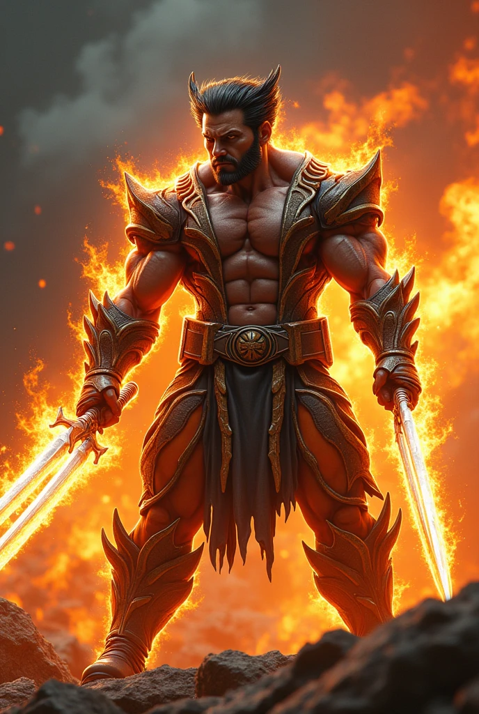 Draw a strong and muscular body of a man, with clothes of a black and red god, with an evil chicken head and charging an energy attack in each red hand