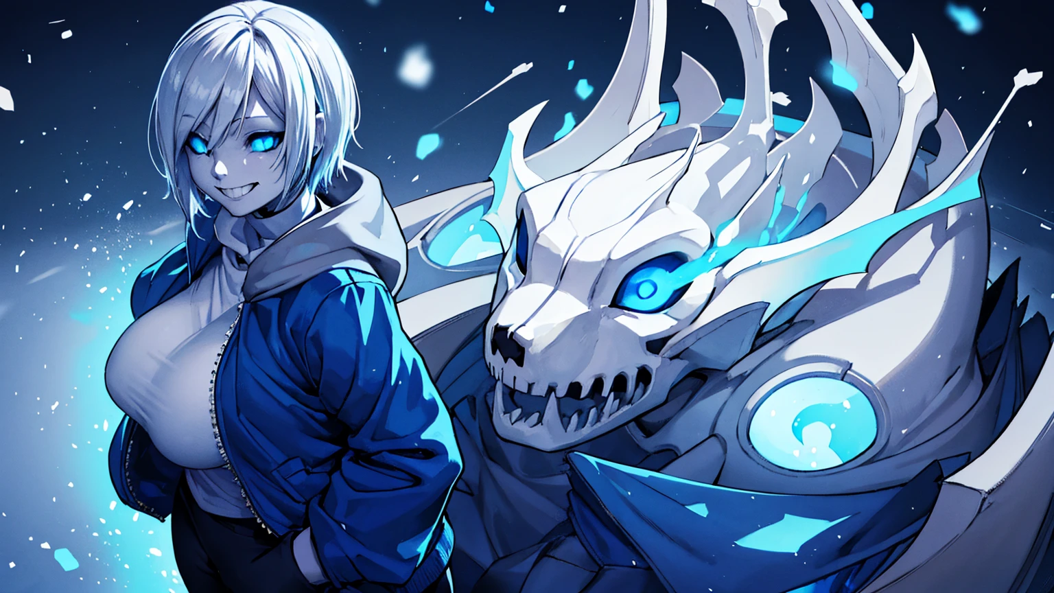 Toby Fox Undertale Sans Blue Jacket , Fire Eyes Skull Smile White Short Hair Luminous Face Blue Dragon Bone Cannon One Person Standing In Snow Town Femininefull Super huge big breasts breast enlargement ultra-detailed, HDR, vibrant colors, soft lighting