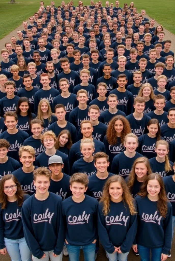 Make 75 age boys and girls take a picture, all of them wearing the same Hoodie and the same Hoodie color. All of their Hoodies have Mataram Family written on them.