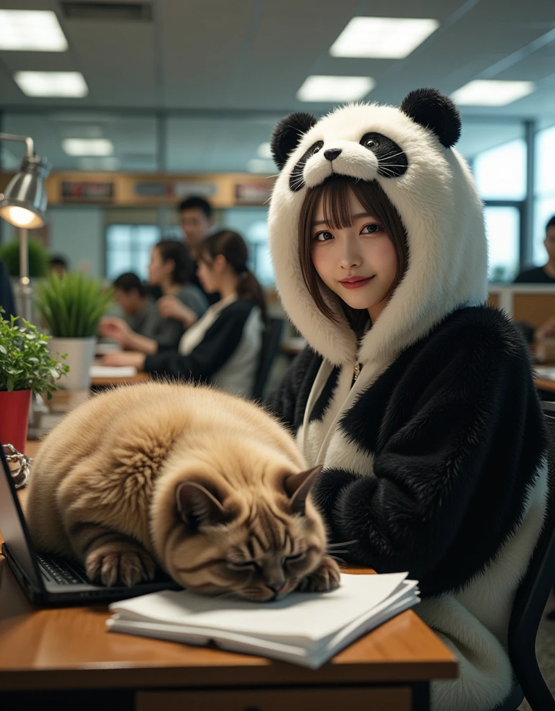 ultra-realistic, photorealistic, dramatic scene, shadow, global-illumination, solo, (teenage Japanese famous idol girl:1.5), very beautiful fragile Japanese girl, very beautiful with very cute but boyish cool face, (very large breasts), slim waist, moles, detailed face skin texture, professional lighting, (She works in a very fluffy stuffed panda costume that looks like a stuffed animal show:1.2), her body is very fluffy like a panda, large panda mascot head, (very large breasts), at the large office with many desks and workers, decorative plant, sitting on the chair, Her desk with many piles of papers, stationery, A giant fat cat is sleeping on the laptop computer on her desk, she looks so confused, she is not able to understand whose cat he is, She shows her viewers a cute face with a smile, 