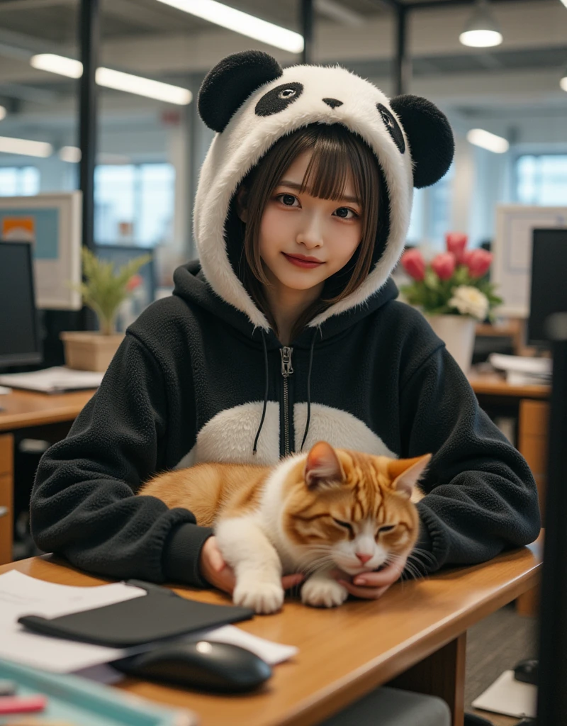 ultra-realistic, photorealistic, dramatic scene, shadow, global-illumination, solo, (teenage Japanese famous idol girl:1.5), very beautiful fragile Japanese girl, very beautiful with very cute but boyish cool face, (very large breasts), slim waist, moles, detailed face skin texture, professional lighting, (She works in a very fluffy stuffed panda costume that looks like a stuffed animal show:1.2), her body is very fluffy like a panda, large panda mascot head, (very large breasts), at the large office with many desks and workers, decorative plant, sitting on the chair, Her desk with many piles of papers, stationery, A giant fat cat is sleeping on the laptop computer on her desk, she looks so confused, she is not able to understand whose cat he is, She shows her viewers a cute face with a smile, 