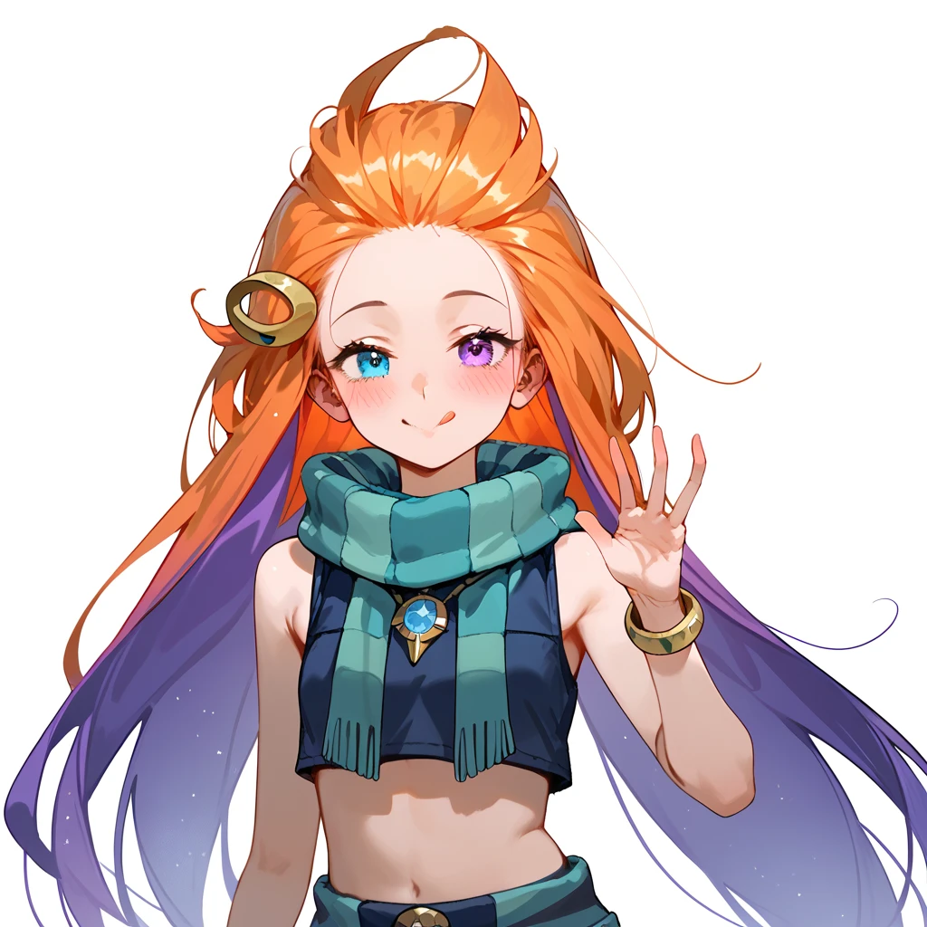 Masterpiece, best quality, Anime, 1girl, ZoeLoLXL, mature, purple eyes, blue eye, heterochromia, orange hair, multicolored hair, gradient hair, purple hair, very long hair, hair ornament, forehead, small breasts, green scarf, striped scarf, bare shoulders, blue midriff, necklace, bracelet, smile, blush, cute, tongue out, lean, portrait, looking at viewer, white background, simple background, score_9, score_8_up, score_7_up, unaestheticXL_bp5,