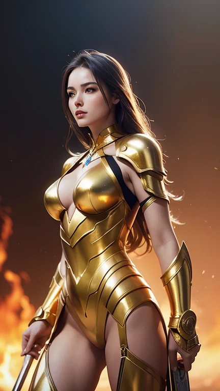 1girl, solo, saint seiya_custome, superhero, gold armor, Golden dress, beautiful princess, belly, being on the battlefield, the golden sword