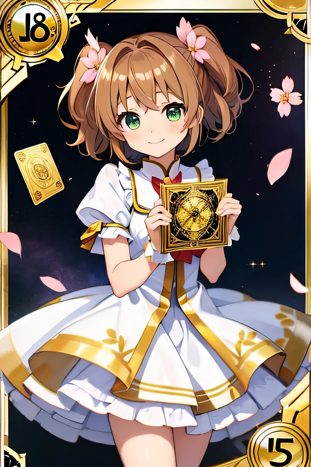 A Sakura girl _Kinomoto, short hair , light brown hair , two small pigtails, blushing, little smile , green eyes, white and gold dress , sexy dress with ruffles , large white and gold skirt , surrounded by sakura flowers cloudy background , holding a giant gold tarot card with the printed image of a gold-colored brownie, perfect hands , perfect eyes , best resolution , 8K,