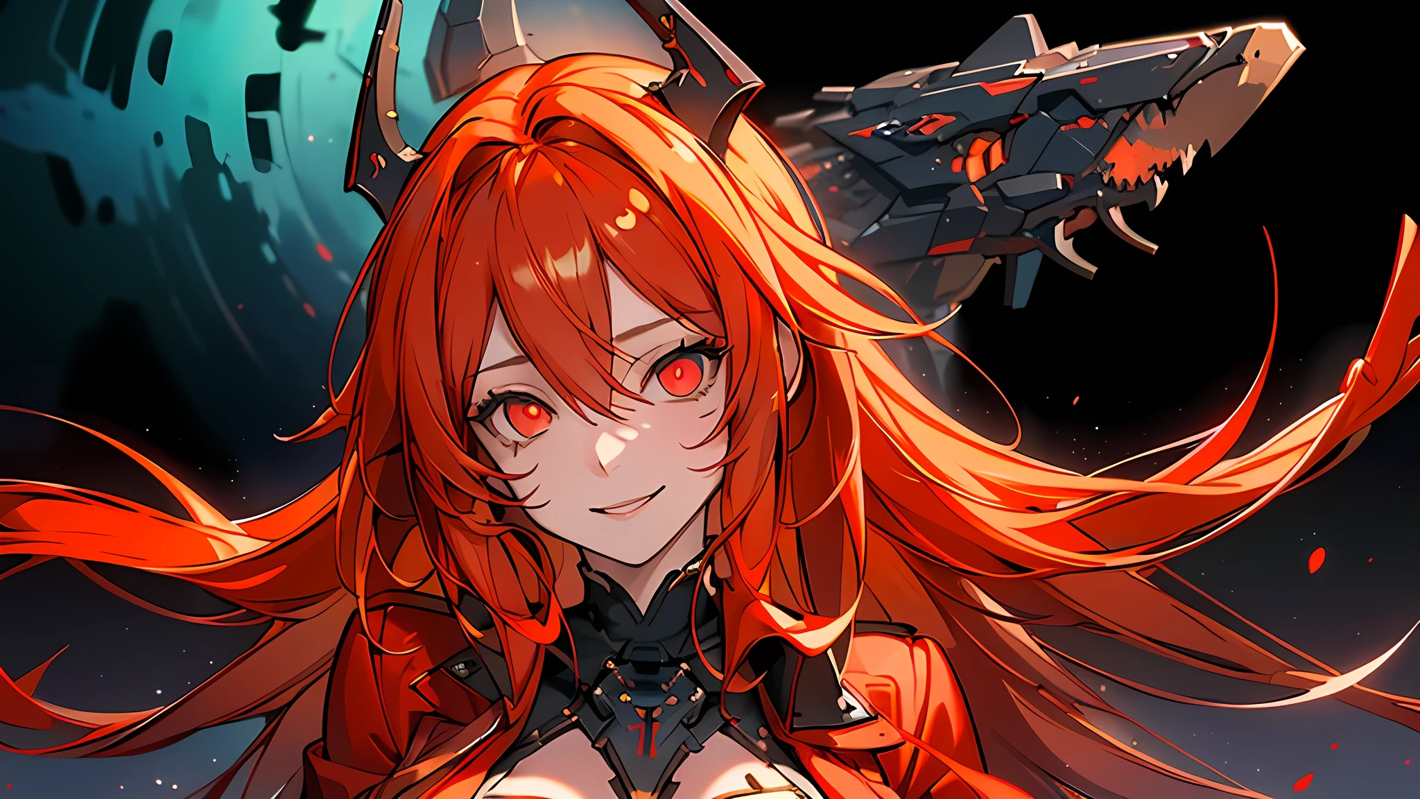 ((Best quality)), ((masterpiece)), (detailed:1.4), 3D, an image of a beautiful cyberpunk female, Yandere , Yandere Face , Trance , Trance Eyes , yameroyandere , constricted pupils , yandere , empty eyes . shaded face , crazy eyes , glowing red eyes , crazy smile , Redhood , long red burning hair , Horn Headgear , Red Jacket Cloth , Red Eyes, Black undercloth, large breasts, Dive under the sea,  Undersea as background ,HDR (High Dynamic Range),Ray Tracing,NVIDIA RTX,Super-Resolution,Unreal 5,Subsurface scattering,PBR Texturing,Post-processing,Anisotropic Filtering,Depth-of-field,Maximum clarity and sharpness,Multi-layered textures,Albedo and Specular maps,Surface shading,Accurate simulation of light-material interaction,Perfect proportions,Octane Render,Two-tone lighting,Wide aperture,Low ISO,White balance,Rule of thirds,8K RAW,