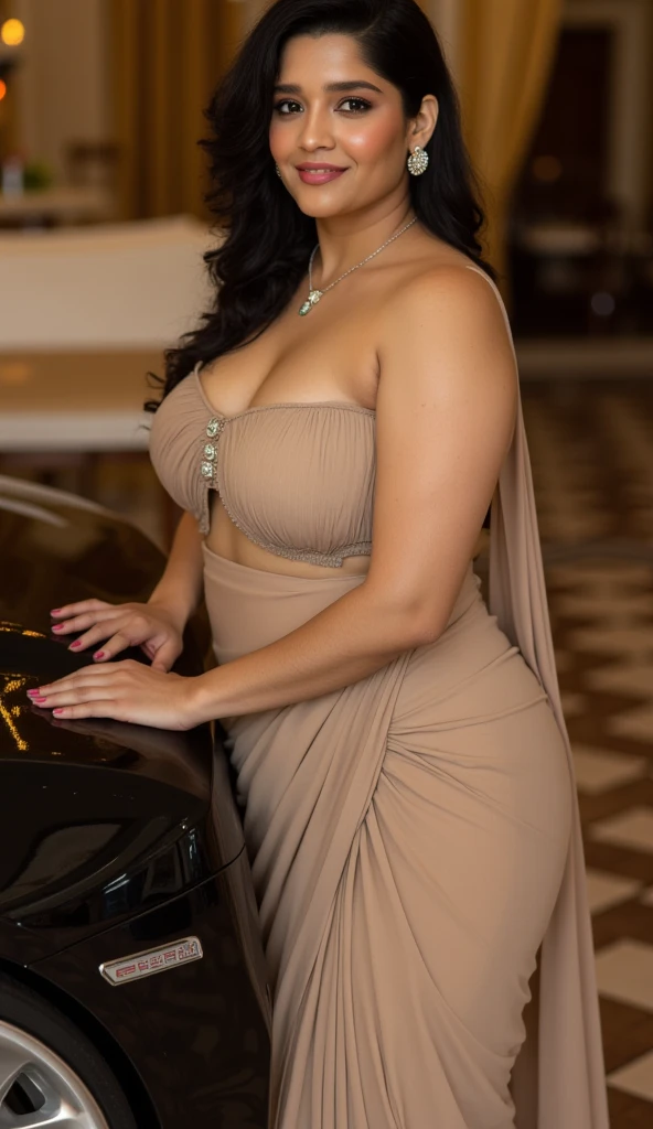 Day scene, extreme long shot photo of a sexy latina maid, cleaning car in a palace, big cheeks, curvy, super stylish transparent saree with out bra with wide open breasts, accessories,sex toys,cum on nipples, earrings, necklace, erotic face, 36 yo, ponytail, look at viewer and smile, (cinematic:1.3), intricate details, (ArtStation:1.2) show nipples,hand on ass,lag spread,sex position,without bra