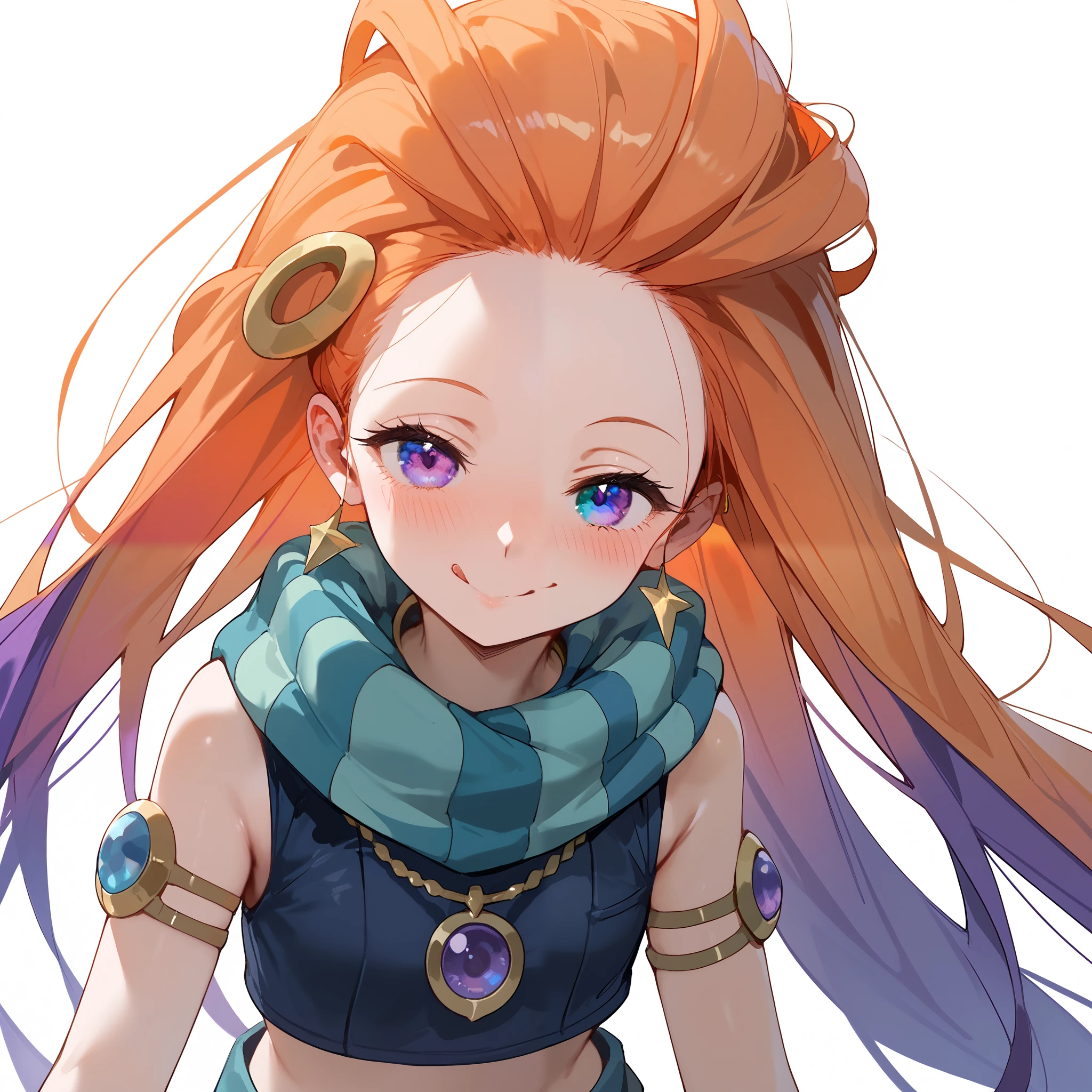 Masterpiece, best quality, Anime, 1girl, ZoeLoLXL, mature, purple eyes, blue eye, heterochromia, orange hair, multicolored hair, gradient hair, purple hair, very long hair, hair ornament, forehead, small breasts, green scarf, striped scarf, bare shoulders, blue midriff, necklace, bracelet, smile, blush, cute, tongue out, portrait, close-up, looking at viewer, white background, simple background, score_9, score_8_up, score_7_up, unaestheticXL_bp5,