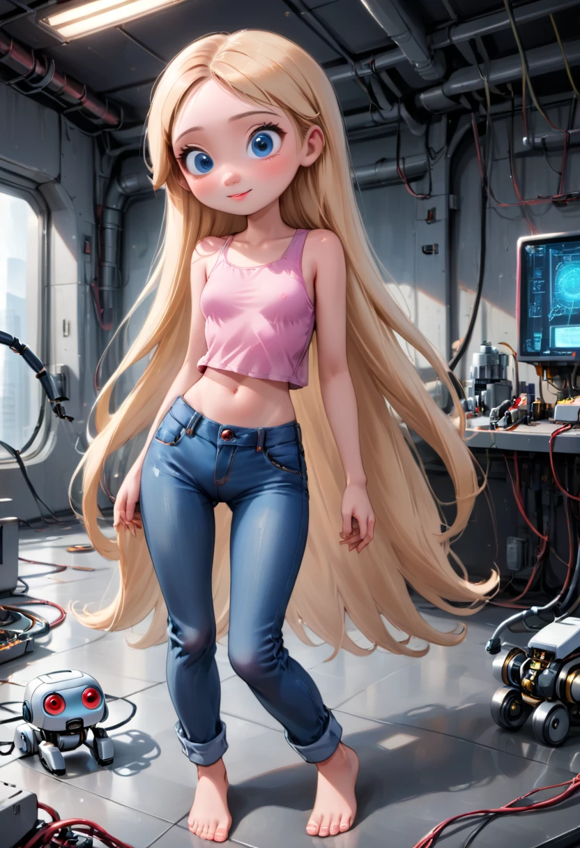 Small girl, young, full body, (solo 0.6), straight blonde hair,  very long hair, blue eyes, slender body, thin waist, tiny breasts, indoors, pink tank top, tight shirt, bare midriff, denim jeans, wires on floor, working on a machine, futuristic machine, tinkering, building a machine, cute, (disney pixar style 0.5)