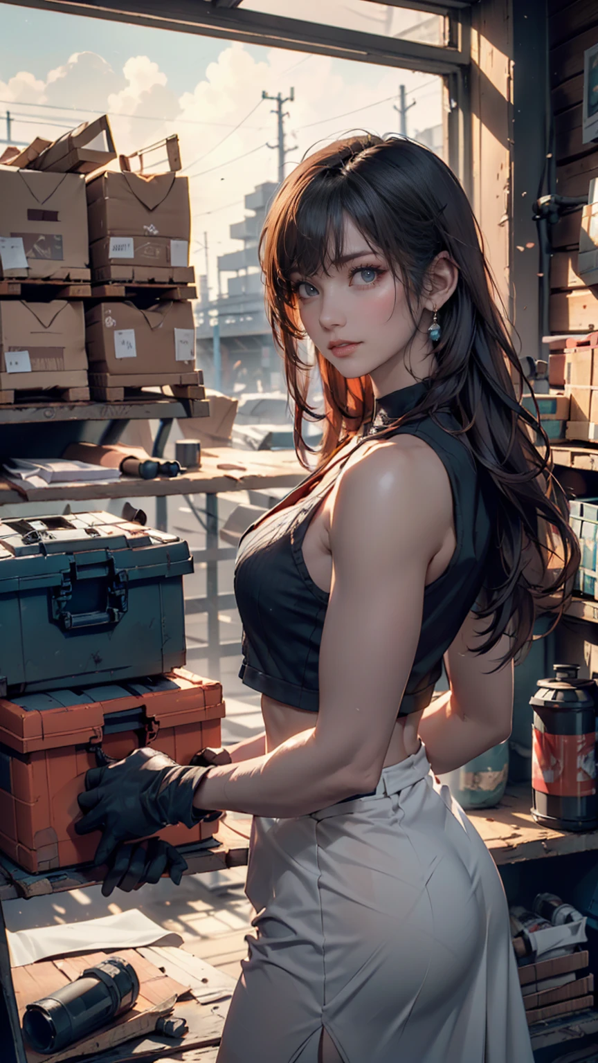 Beautiful girl working part-time at a gas station in a red bikini with brown hair up style