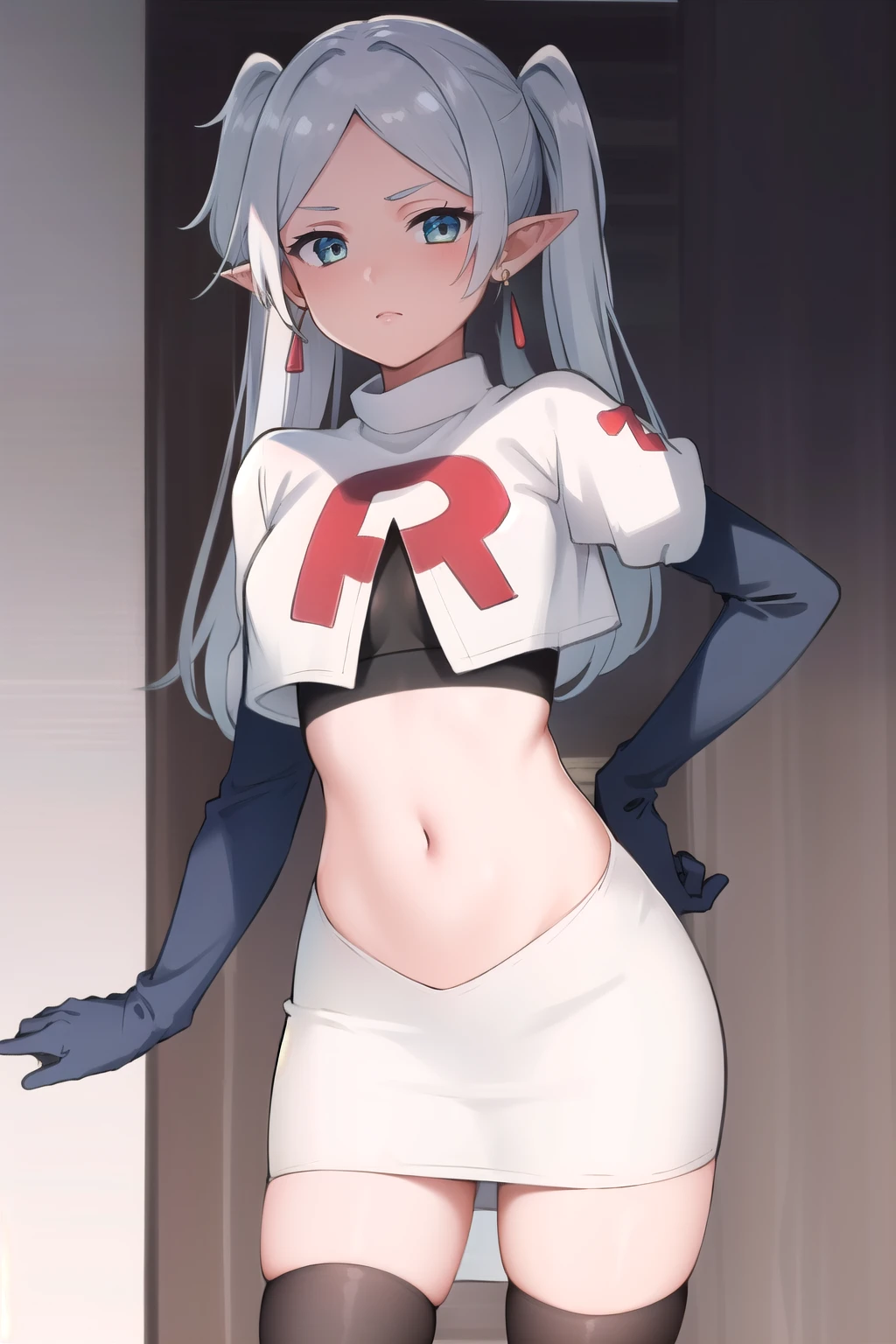 (masterpiece, best quality),  intricate details,
1girl,     frieren, long hair, pointy ears, jewelry, earrings, twintails, parted bangs, team rocket,team rocket uniform,white skirt,red letter R,crop top,black thigh-highs,black elbow gloves