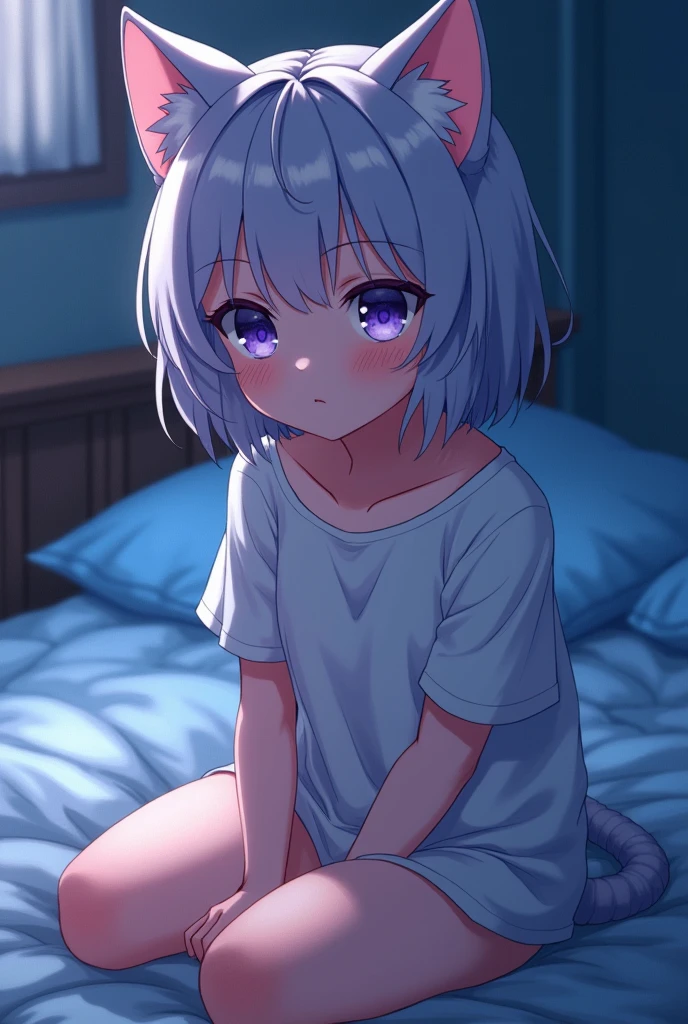 girl,hoodie,On the bed,Excited,Heterochromia Red Eyes Blue Eyes,Flat Chest,Cat ear,Feline tail,topless,nsfw