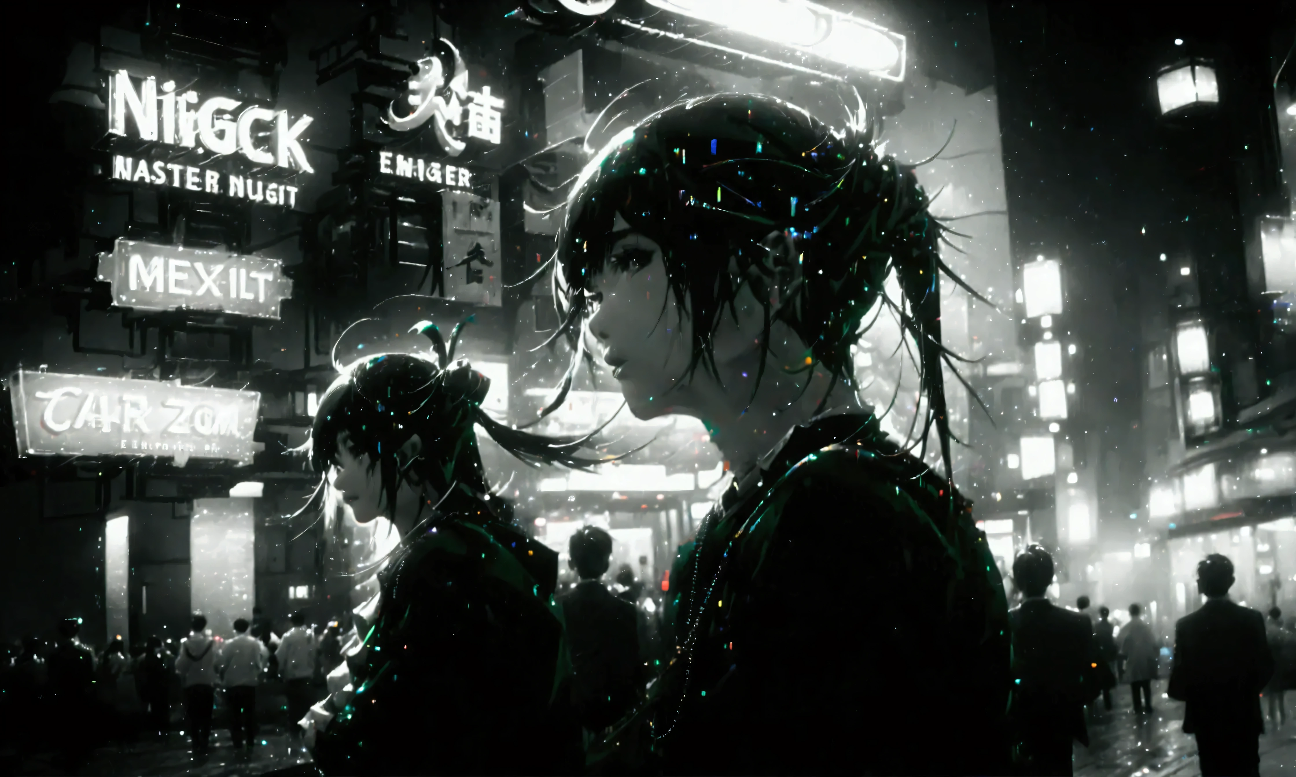 (snapshot:1.3) photo. of Beautiful Hong Kong neon city. realistic photos.Lively people of night (entertainment district:1.3).fixed focal lens, (black and white photos:1.8), high contrast,Hong Kong action cinema style,great lighting,dynamic angle, . BREAK .quality\(masterpiece, best quality,8k,wallpaper of extremely detailed CG unit, high resolution, top-quality, top-quality real texture skin, hyper realistic, increase the resolution, RAW photos, best quality, highly detailed, the wallpaper,golden ratio,high saturation realism, vibrant colors, dramatic lighting, persuasive storytelling, atmospheric scenery, captivating visuals, intricate details, strong emotions,dreamlike world\)