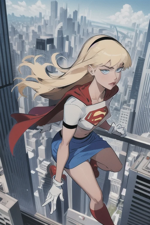  masterpiece,  Best quality , 1 girl, Supergirl, blonde hair, long hair,  hair band, Blue eyes, Gloves, red cape,  blue skirt ripped and showing the crotch, completely transparent white shirt ,  showing her nipples perfectly, blue sky, Flight, City below  