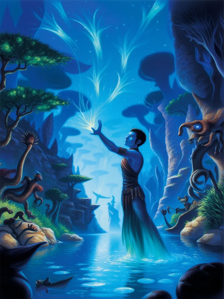 
mrygp, Jake Sully, in his Na’vi form, stands amidst the bioluminescent forest on Pandora, surrounded by glowing plants and fantastical creatures. He reaches out to touch one of the floating, luminous seeds with a look of wonder and curiosity. The entire forest around him glows softly, creating an atmosphere of magic and harmony with nature, highlighting the beauty and mystery of Pandora’s world.