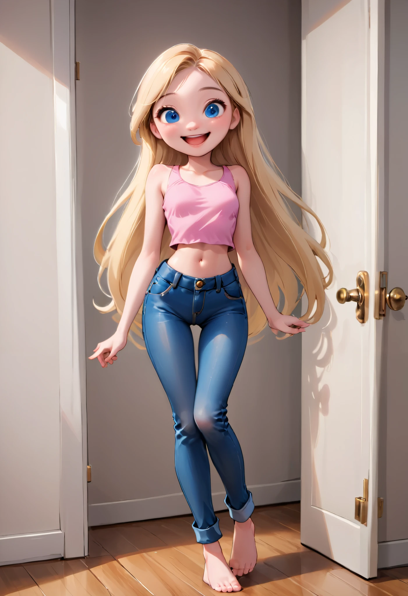  girl, young, full body, (solo 0.6), straight blonde hair,  very long hair, blue eyes, slender body, thin waist, tiny breasts, indoors, pink tank top, tight shirt, bare midriff, denim jeans, opening door, open mouth smile, cute, (disney pixar style 0.5)