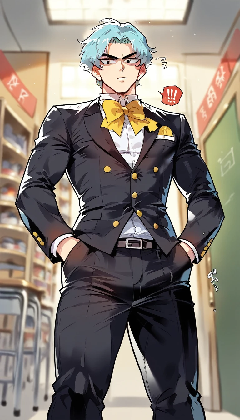 This 16-year-old Japanese boy sports a typical student look, but with a touch of personality that reflects his enthusiasm for pop culture. He wears the traditional Japanese school uniform, known as gakuran, consisting of a black blazer buttoned up to a high, stiff collar, giving his look a classic and tidy look. The blazer has gold buttons and a straight cut that suits his slender build well, reinforcing the disciplined posture typical of Japanese students. Below, he wears dark pants and simple shoes, completing the formal schoolboy style. His hair is an exact reproduction of Mob's style, a character from Mob Psycho 100, with straight, straight black strands that form a slightly rounded fringe, almost covering his eyebrows. The cut is very clean and linear, with the length only slightly shorter on the sides, creating a simple and characteristic look that adds a lightness and youthful innocence to his face.  This hairstyle gives him a modest and introspective appearance, highlighting his discreet and quiet side. However, what really catches the eye is his Dragon Ball backpack, which makes his passion for anime and manga clear. The backpack is vibrant, with a colorful and eye-catching print that shows Goku in a heroic pose, amid energy effects and a dynamic background. It has orange and blue details, with the Turtle emblem on the straps, capturing the adventurous spirit of the anime. This accessory adds a unique touch and shows a bit of his personality, revealing his side as a dedicated fan. This contrast between the serious uniform and the colorful Dragon Ball backpack reflects a young man who follows the school rules, but who also keeps his passions and interests alive, carrying with him something that makes him feel connected to a world of adventure and inspiration, 8k high definition