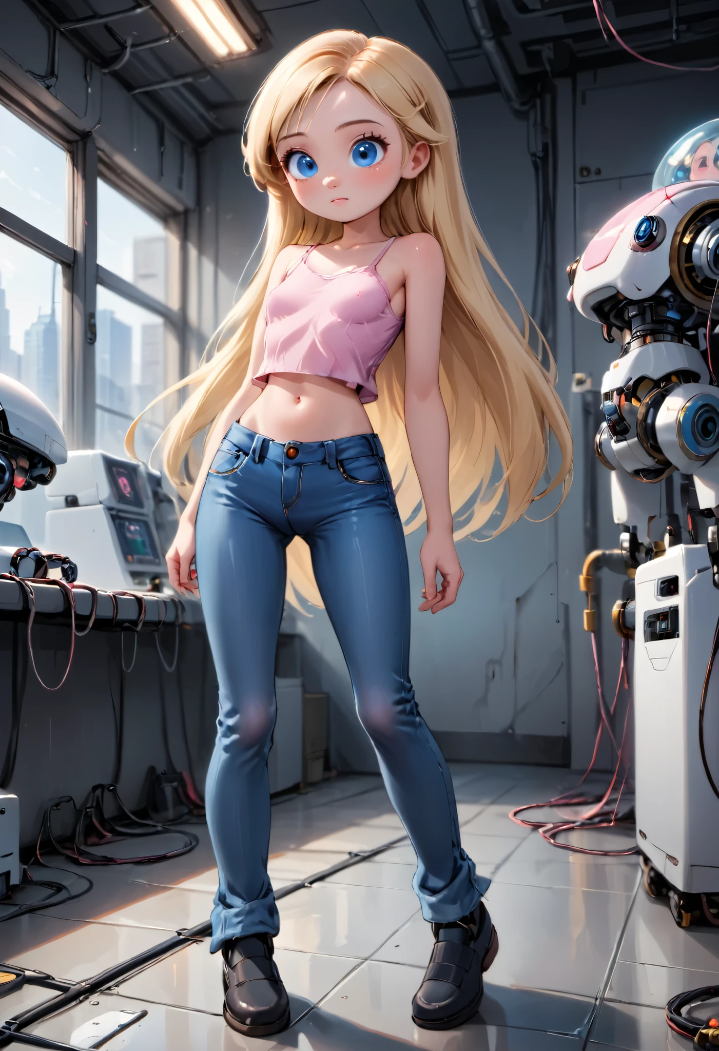 Small girl, young, full body, (solo 0.6), straight blonde hair,  very long hair, blue eyes, slender body, thin waist, tiny breasts, indoors, pink tank top, tight shirt, bare midriff, denim jeans, wires on floor, working on a machine, futuristic machine, tinkering, girl is building a machine, cute, (disney pixar style 0.5)