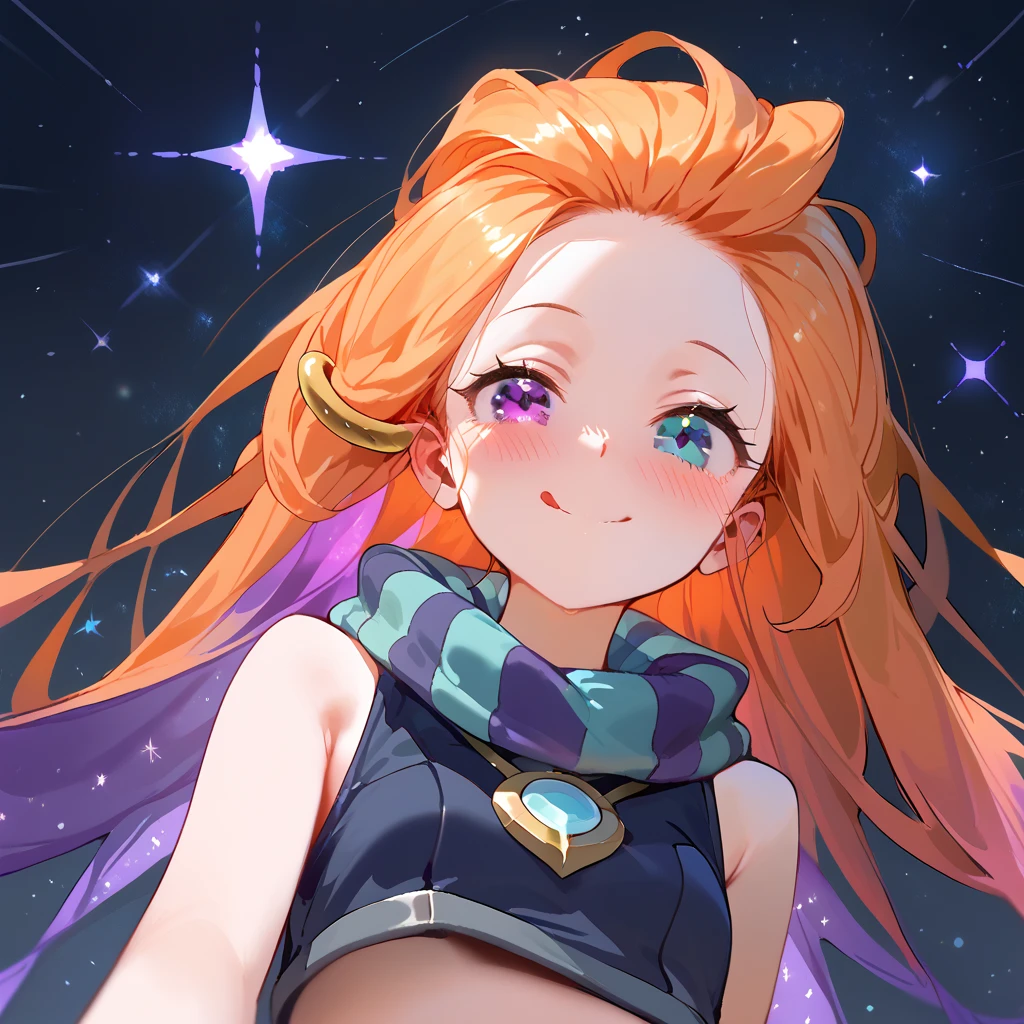 Masterpiece, best quality, Anime, 1girl, ZoeLoLXL, mature, purple eyes, blue eye, heterochromia, orange hair, multicolored hair, gradient hair, purple hair, very long hair, hair ornament, forehead, small breasts, green scarf, striped scarf, bare shoulders, blue midriff, necklace, bracelet, smile, blush, cute, tongue out, portrait, close-up, looking at viewer, from below, starry background, simple background, score_9, score_8_up, score_7_up, unaestheticXL_bp5,