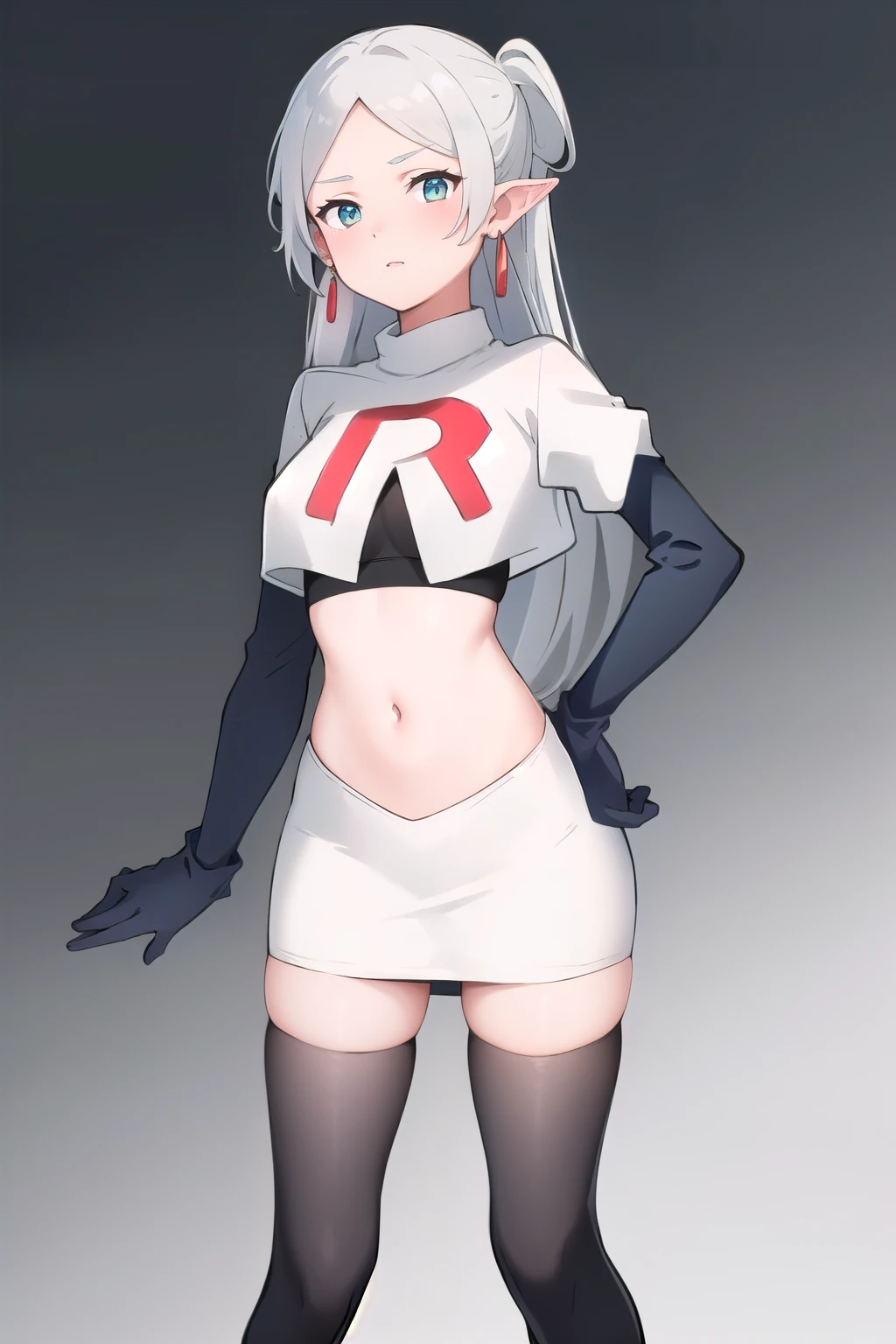 (masterpiece, best quality),  intricate details,
1girl,     frieren, long hair, pointy ears, jewelry, earrings, twintails, parted bangs, team rocket,team rocket uniform,white skirt,red letter R,crop top,black thigh-highs,black elbow gloves