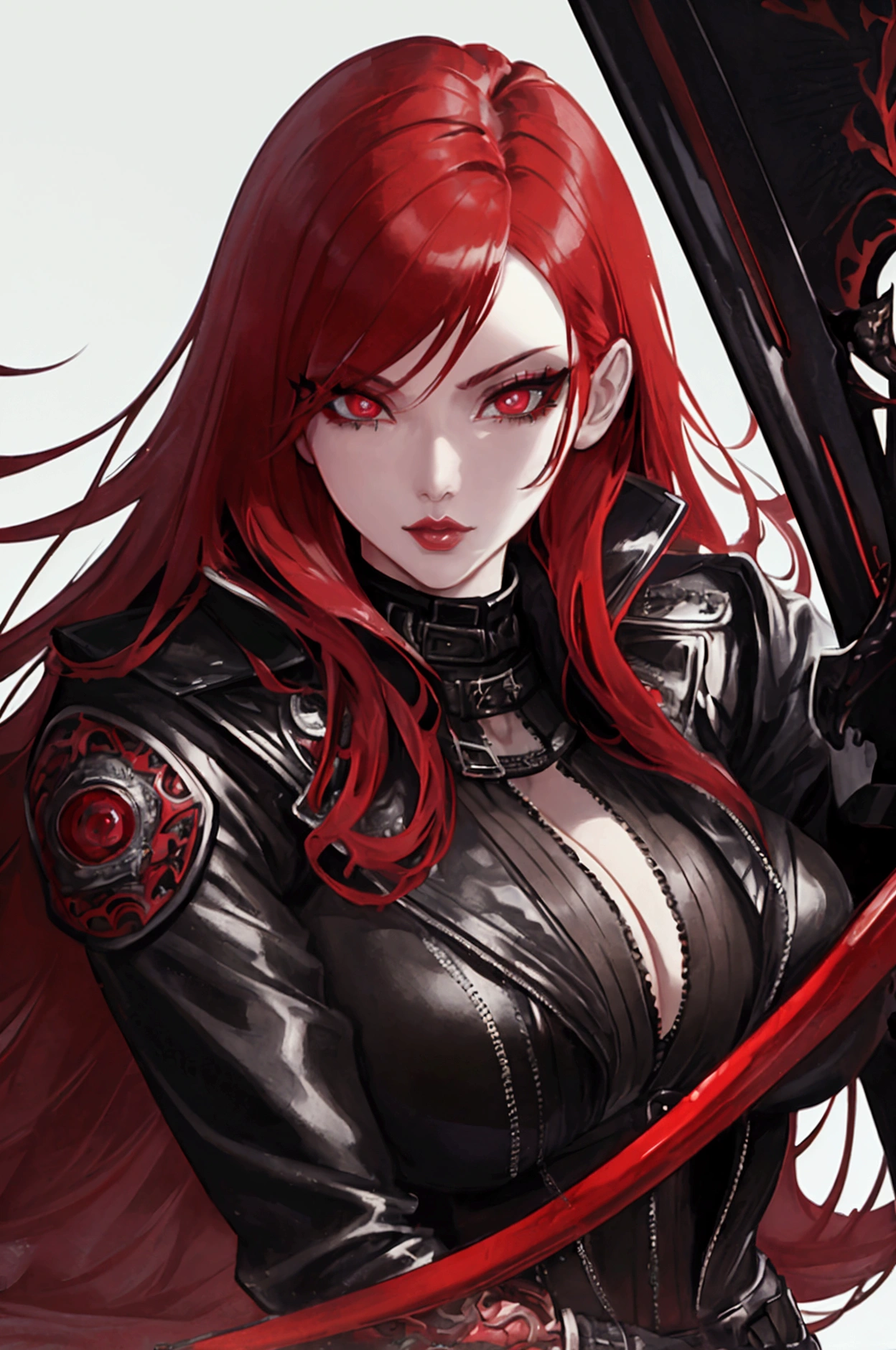 A woman with brilliant red hair, a black open jacket, anime style, holding a huge black sword, beautiful detailed eyes, beautiful detailed lips, extremely detailed eyes and face, long eyelashes, intricate detailed fashion, detailed shiny leather jacket, ornate detailed sword, dramatic lighting, cinematic composition, vibrant colors,
