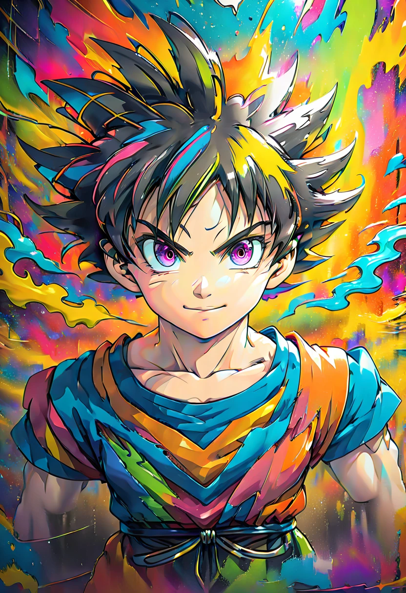 Goku close-up, floating art , Graphite,  lots of bright colors, colorful abstract background blends into the image.